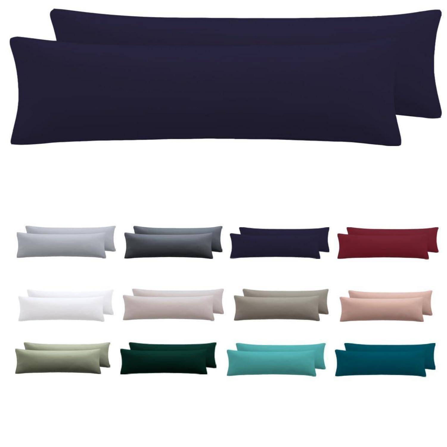 Satz aus langen rechteckigen Bolsterkissen, dargestellt in mehreren Farben, darunter Marineblau, Rot, Grau, Weiß, Beige, Grün, Blaugrün und Blau.