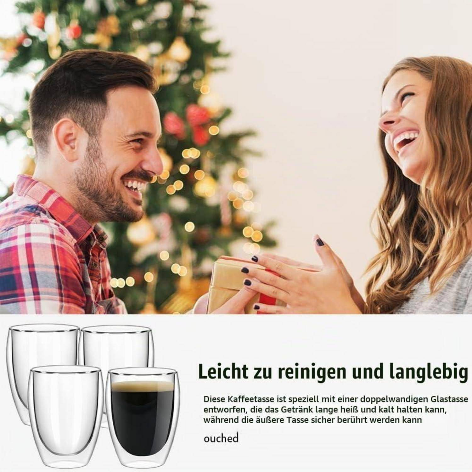Werbebild von doppelwandigen Glaskaffeetassen; eine gefüllt mit Kaffee, daneben deutscher Text: „Leicht zu reinigen und langlebig" und ein Hinweis, dass die Tasse Getränke heiß und kalt hält.
