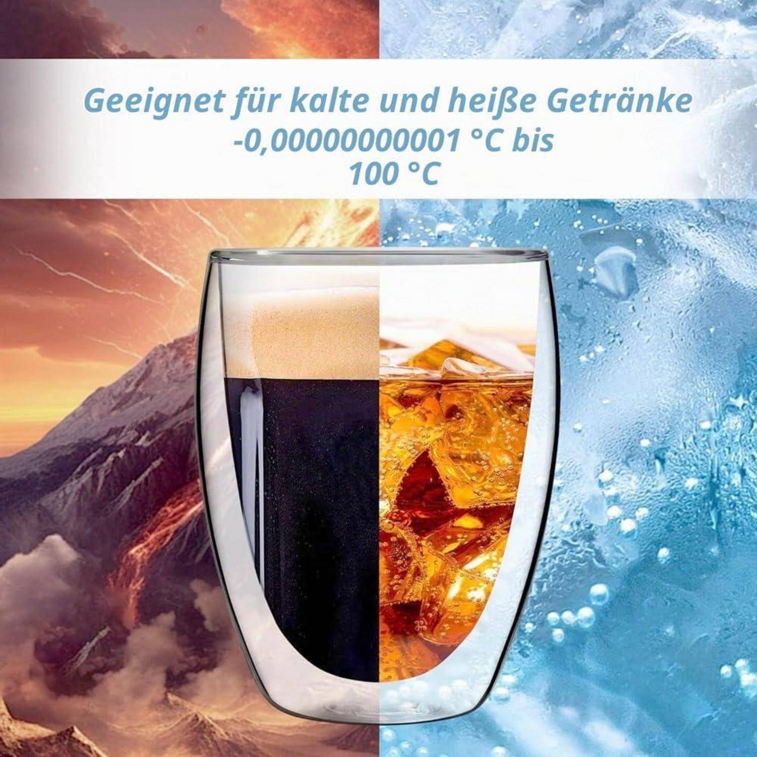 Werbebild eines doppelwandigen Glases mit heißem Kaffee und eiskaltem Getränk, auf Deutsch gekennzeichnet als geeignet für kalte und heiße Getränke von -0,0000000001°C bis 100°C.