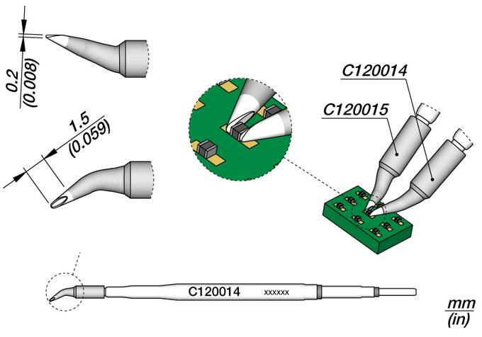 Technisches Diagramm von zwei Feinspitz-Lötdüsen, C120014 und C120015, mit 0,2 mm und 1,5 mm Spitzendimensionen und deren Verwendung auf einer Leiterplatte.