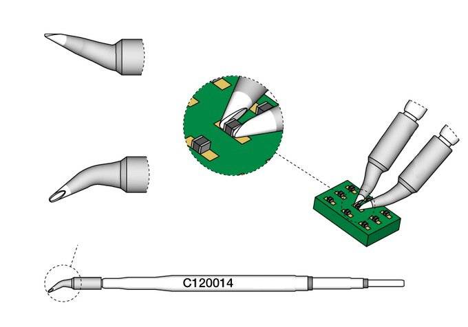 Diagramm zeigt ein Dual-Spitzen-Stift-ähnliches Werkzeug mit austauschbaren geneigten Spitzen, das zum Anbringen oder Entfernen kleiner Komponenten auf einer grünen Leiterplatte verwendet wird.
