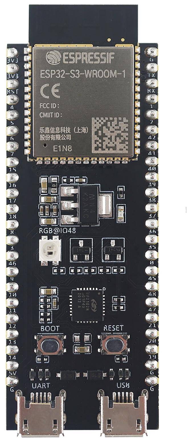 ESP32-S3-WROOM-1 Entwicklungsboard mit zwei USB-C-Anschlüssen, BOOT- und RESET-Tasten, RGB-LED und Stiftleisten mit Beschriftungen für GPIO- und Stromversorgungsstifte.