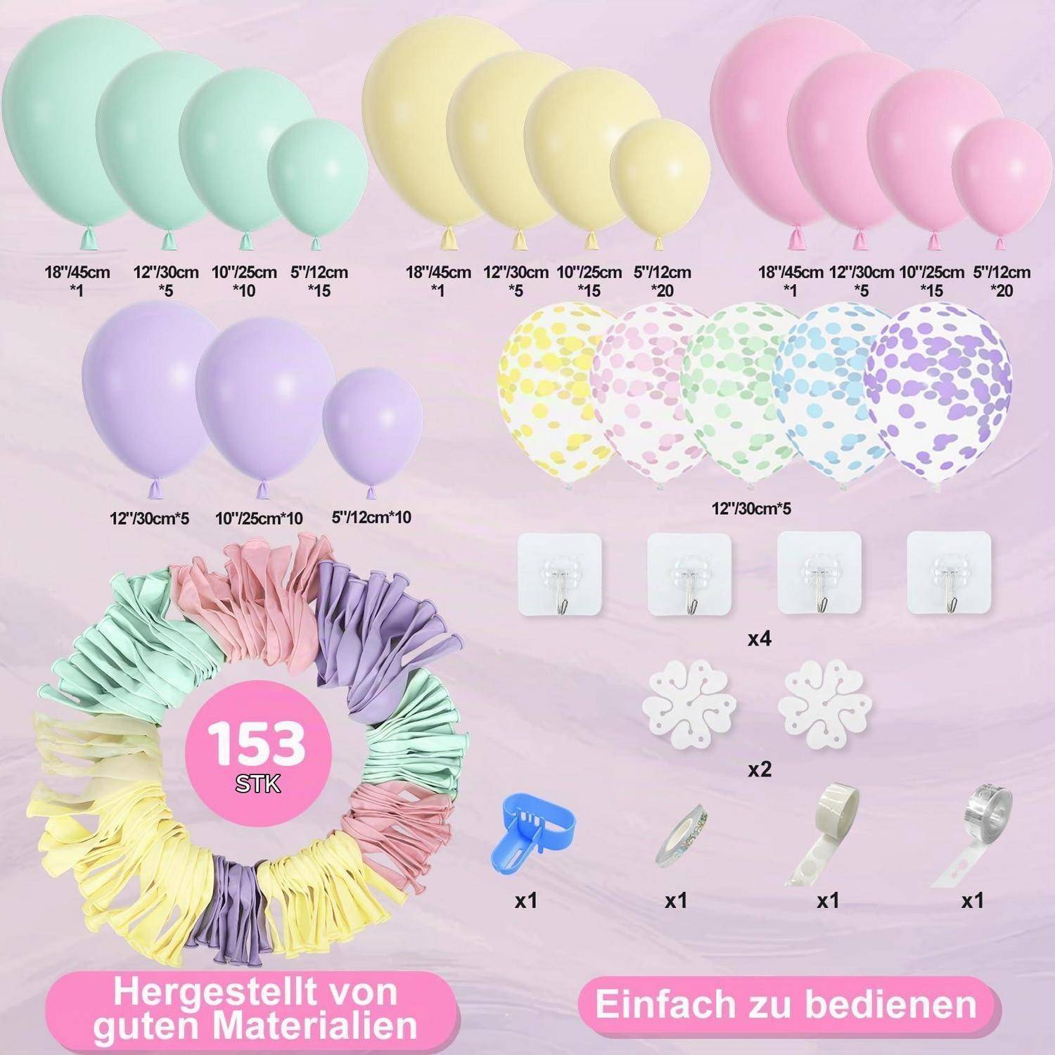 Pastel-Ballongirlanden-Set mit mintgrünen, gelben, rosa und lavendelfarbenen Ballons, gemusterten Ballons, Klammern und Klebehaken; deutscher Text sagt „Hergestellt von guten Materialien