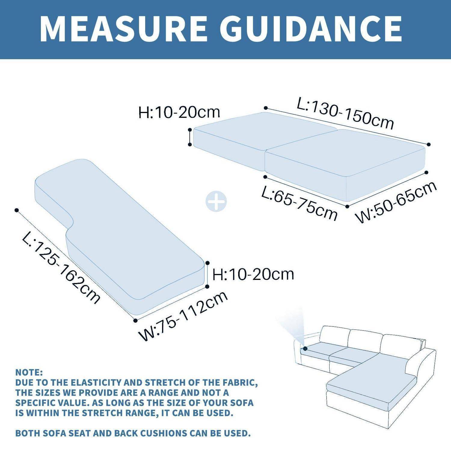 Maßanleitung-Diagramm mit Sofakissengröße: Rückenlehne 130-150cm x 50-65cm x 10-20cm, Sitzfläche 125-162cm x 75-112cm x 10-20cm; Hinweis besagt, dass elastischer Stoff verschiedene Sofatypen passt.