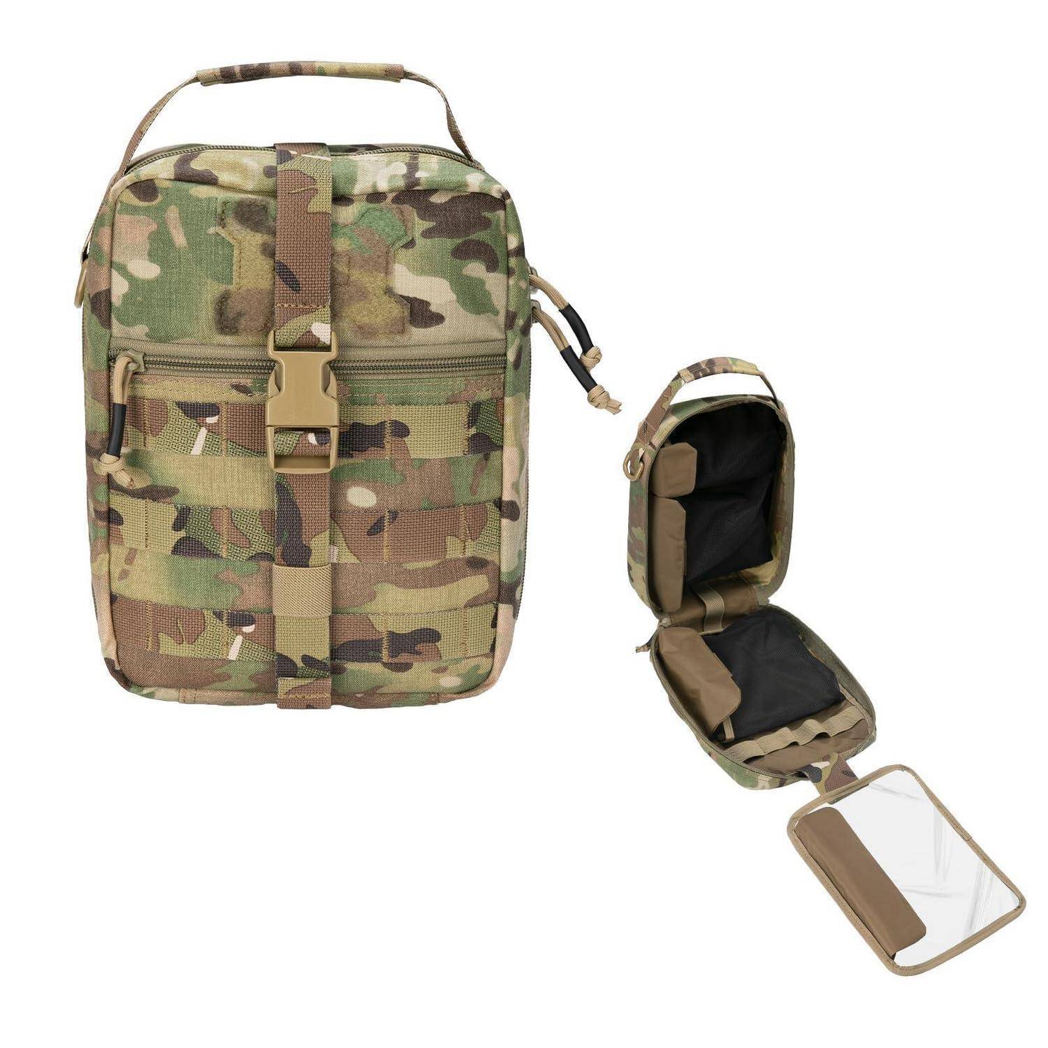 Taktische Camouflage-Tasche mit Griff und frontalem Verschluss, geöffnet dargestellt, um innere Fächer und ein abnehmbares durchsichtiges Spiegelpanel zu zeigen.