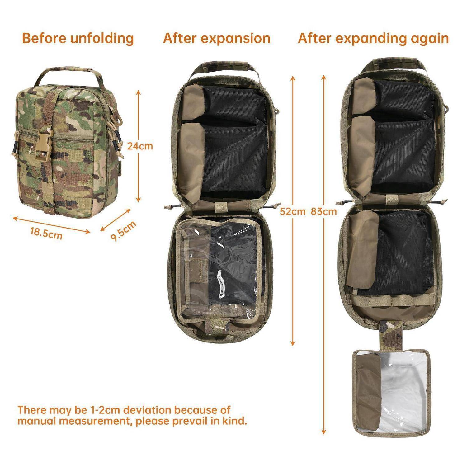 Vergleichsbild eines Tarn-Rucksacks vor dem Entfalten und nach der Entfaltung, mit Größen von 24 cm Höhe, 18,5 cm Breite, 9,5 cm Tiefe, expandierend auf 52 cm und 83 cm, mit einer kleinen Zubehörtasche angebracht.