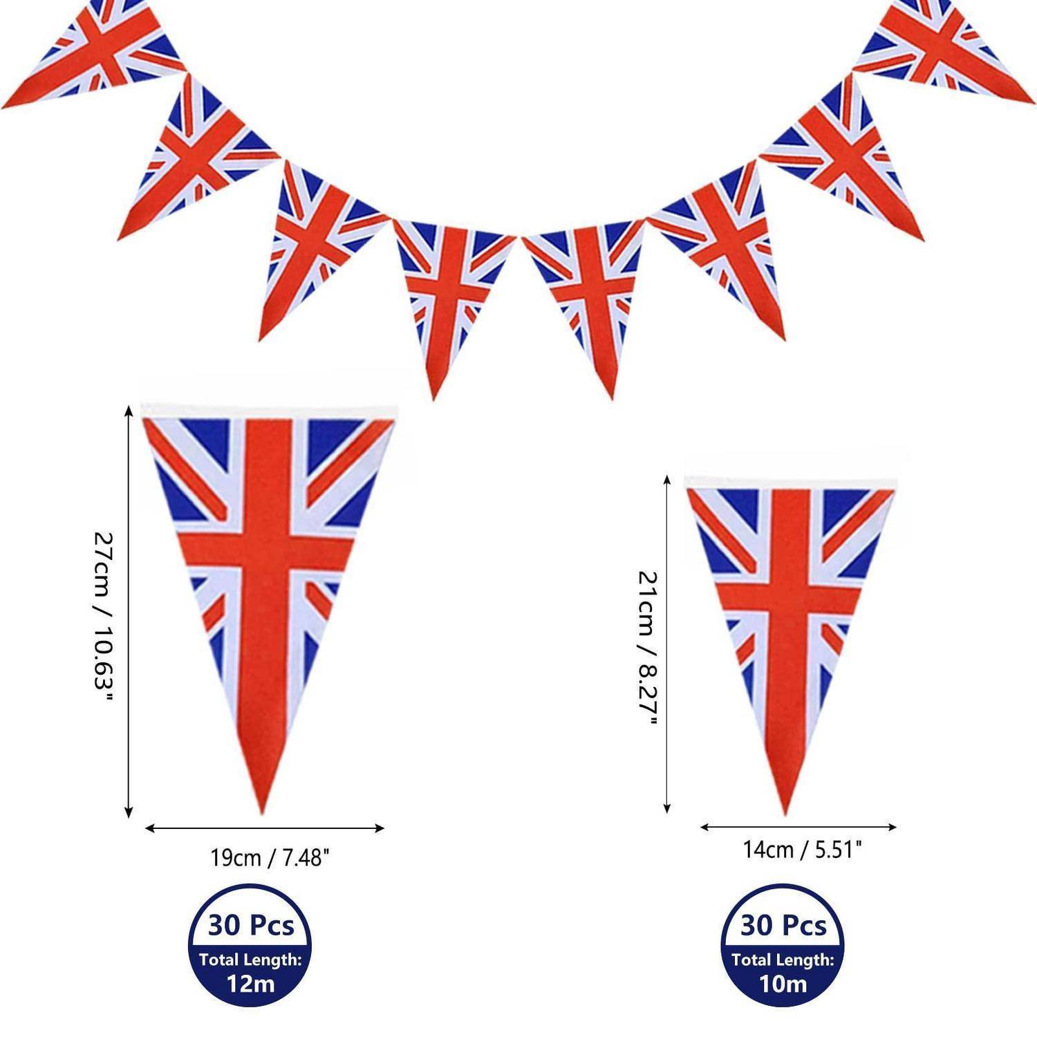Union Jack Girlanden-Wimpelketten mit zwei Wimpelgrößen: 27x19 cm, 30 Stück, 12 m Gesamtlänge; und 21x14 cm, 30 Stück, 10 m Gesamtlänge.