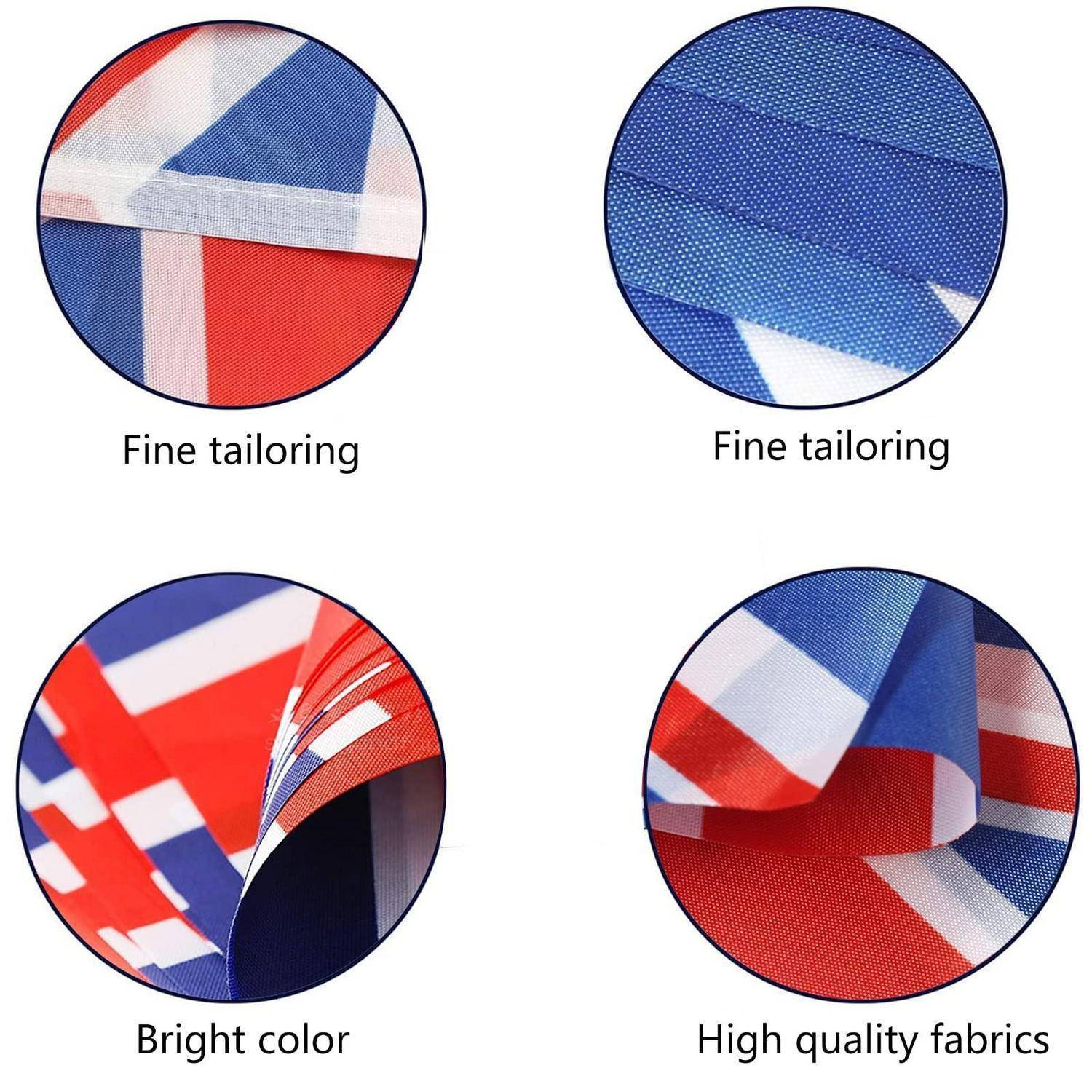 Vier Nahaufnahmen von kreisförmigen Stoffen in den Farben der britischen Flagge, mit den Beschriftungen "Feine Schneiderei"", ""Leuchtende Farben"" und ""Hochwertige Stoffe"", die gesticktes Materialdetail zeigen.