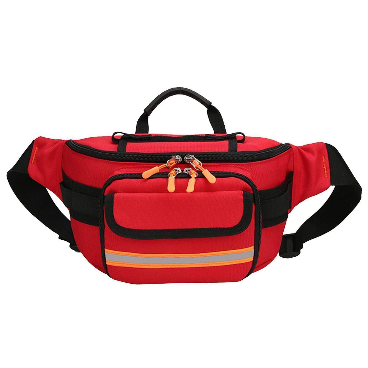 Rote Gürteltasche mit schwarzen Trägern, oberen Griff und vorderer Reißverschlusstasche, gezeigt auf weißem Hintergrund.