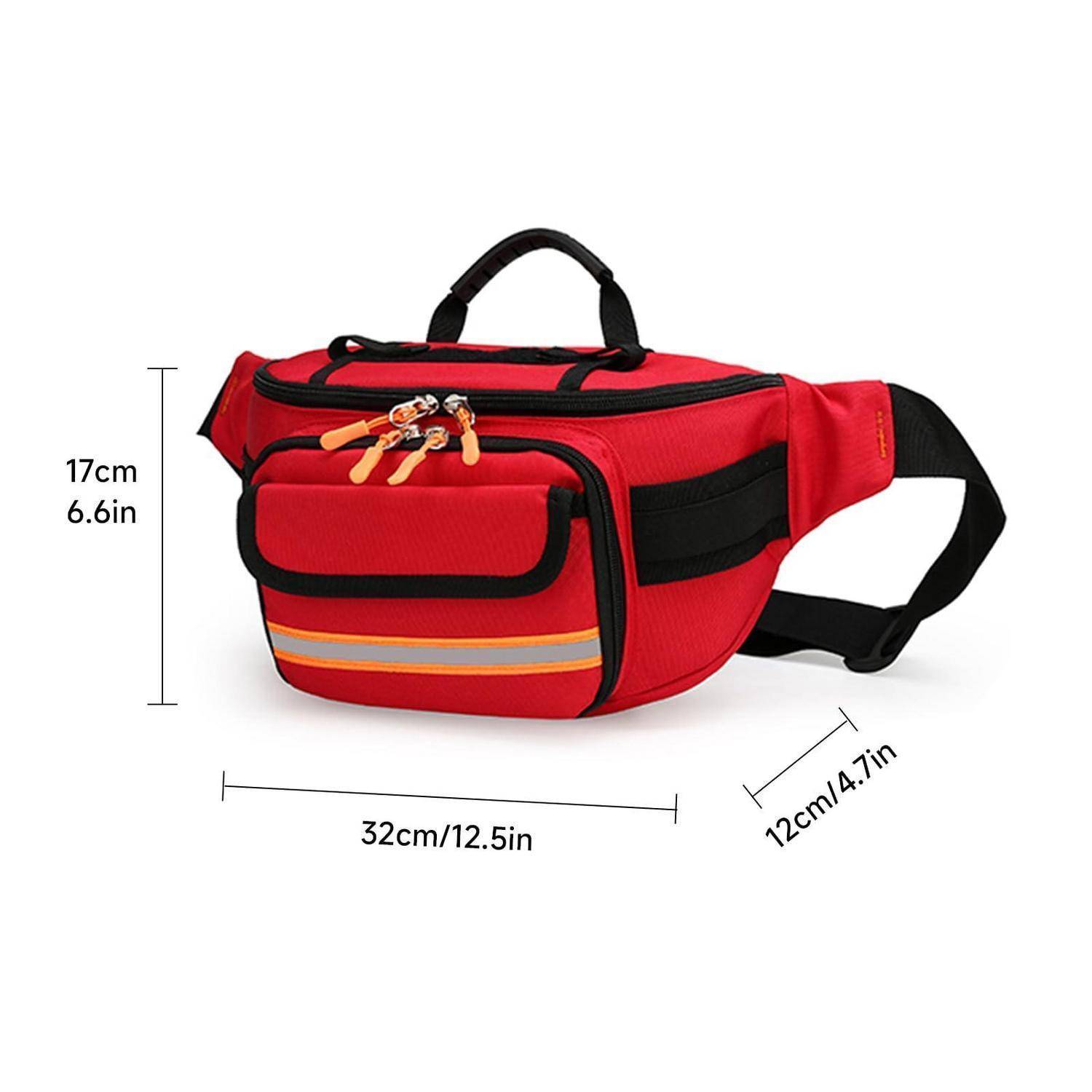 Rote Hüfttasche mit Vordertasche und Obengrieff, dargestellt mit den Abmessungen 32 cm Breite, 17 cm Höhe und 12 cm Tiefe.