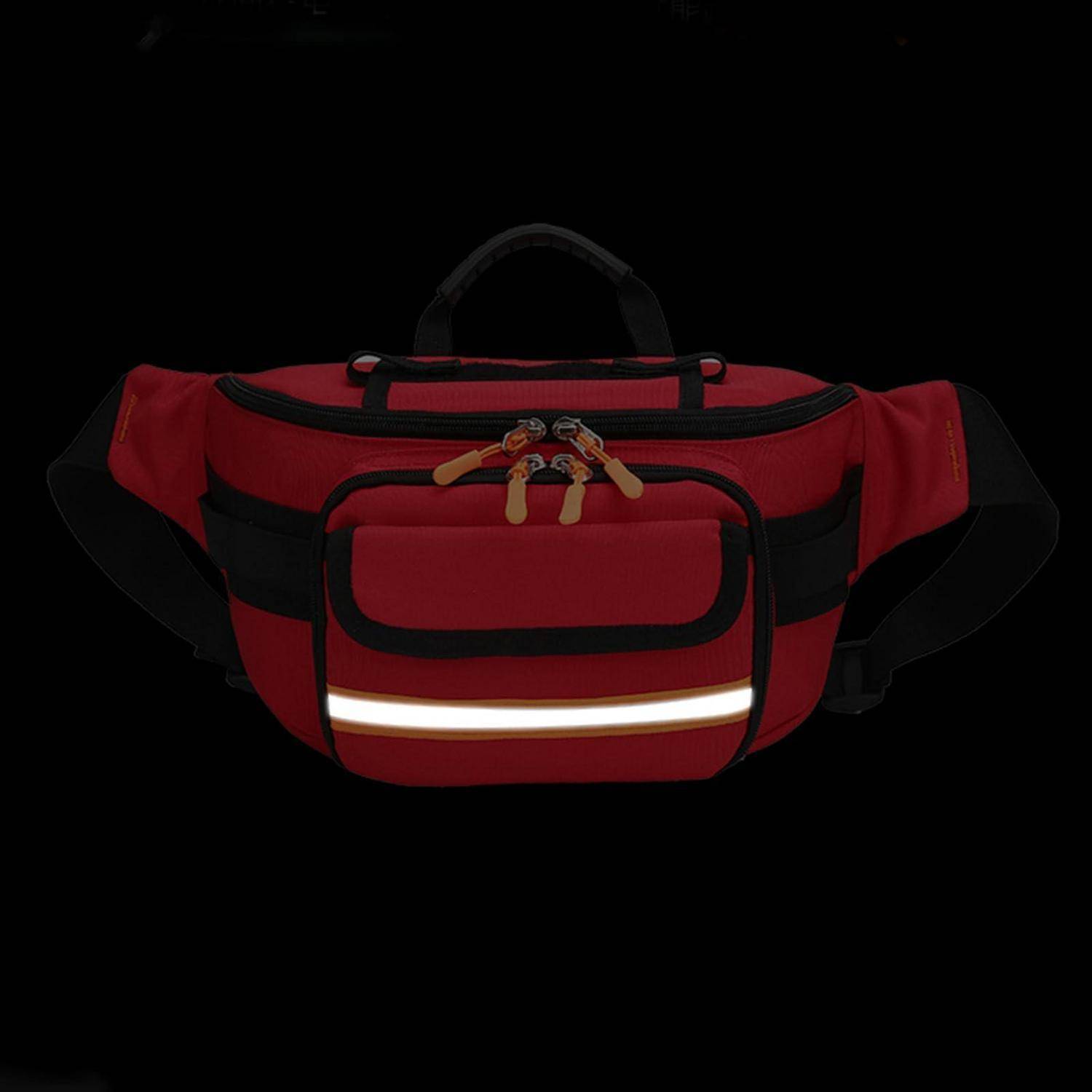 Rote Hüfttasche mit schwarzer Borte, Vordertasche, Reflektorstreifen und verstellbarem Riemen auf schwarzem Hintergrund.