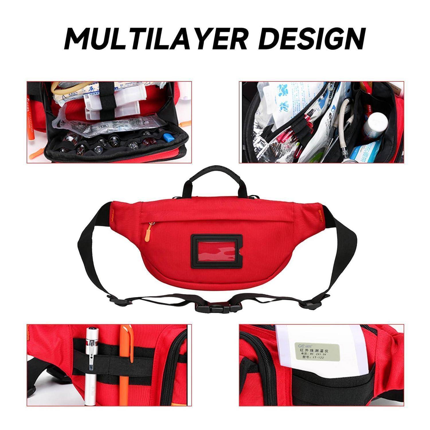 Rote Hüfttasche mit der Bezeichnung „MULTILAYER DESIGN" mit mehreren Fächern, die kleine Gegenstände enthält, sowie Nahaufnahmen von Taschen, Stifthaltern und einem Kartenfenster.