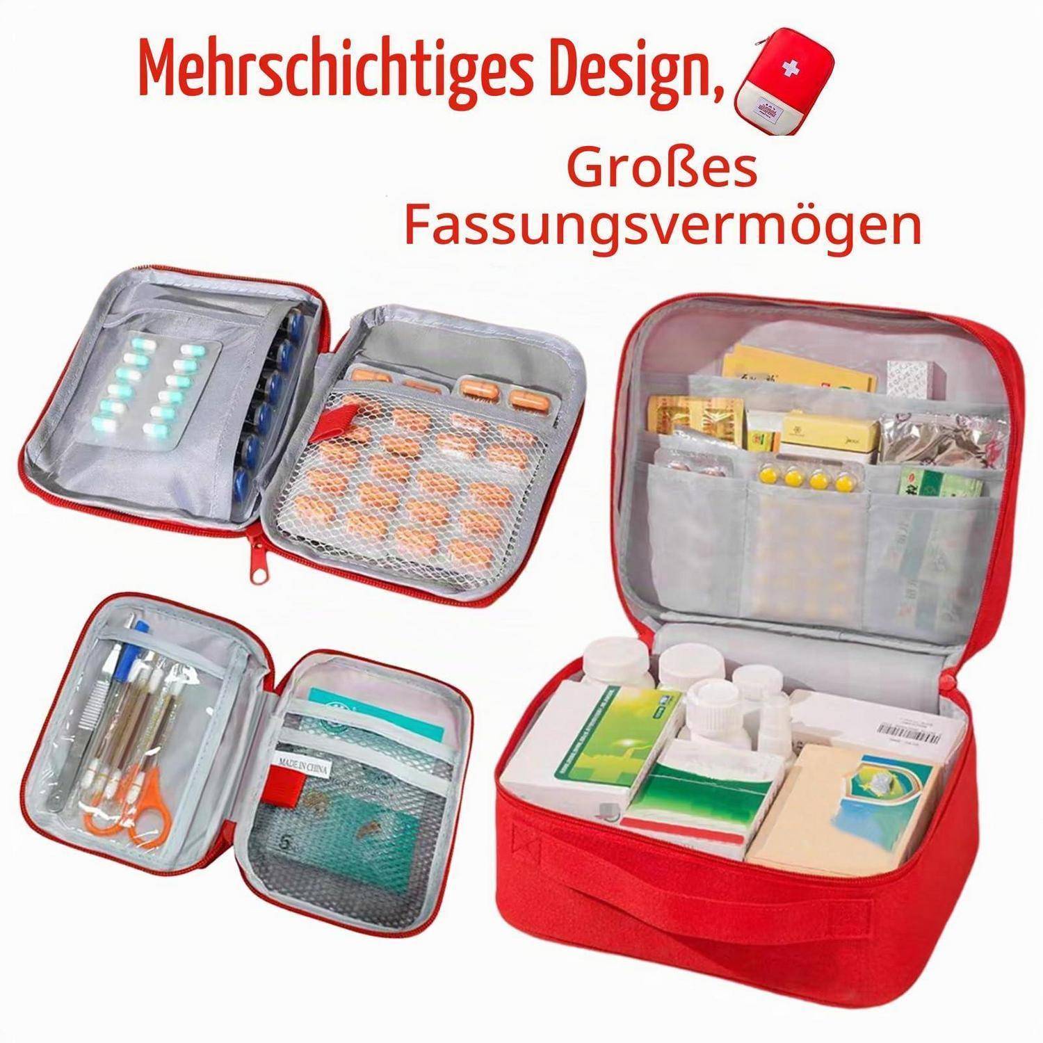 Rote medizinische Aufbewahrungsbox, offen dargestellt, mit mehreren Fächern, die Medikamente, Verbrauchsmaterialien und Werkzeuge enthalten; Deutscher Text besagt „Mehrschichtiges Design, Großes Fassungsvermögen".
