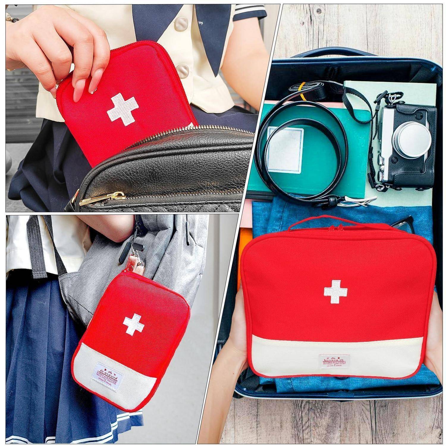 Collage mit einem roten Erste-Hilfe-Kasten, der in Gepäck gepackt wird, zusammen mit medizinischen Materialien wie einem Stethoskop und einer Kamera, was einen Notfall-Reisekoffer andeutet.