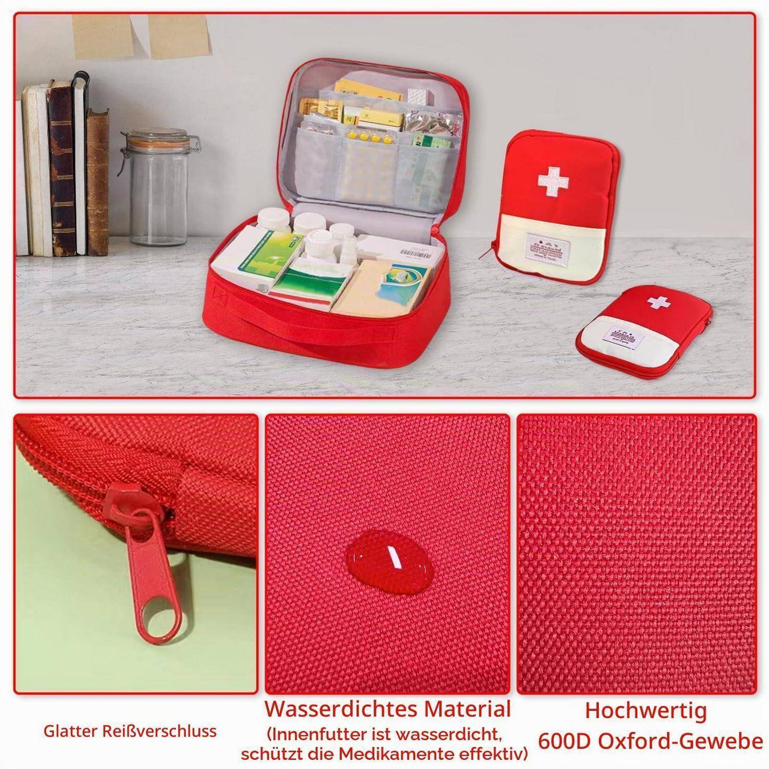 Collage mit einem roten Erste-Hilfe-Kasten und Nahaufnahmen seines wasserdichten 600D-Oxford-Gewebes und eines glattenReißverschlusses; deutsche Etiketten heben Materialqualität und Wasserfestigkeit hervor.