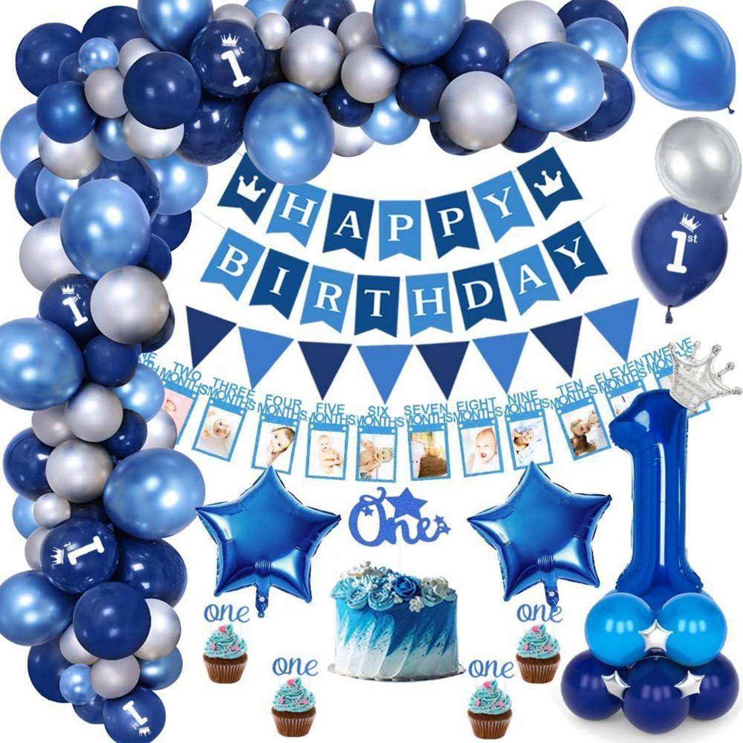 Blau- und silberne Dekorationen zur ersten Geburtstagsfeier mit Ballonbogen, „HAPPY BIRTHDAY