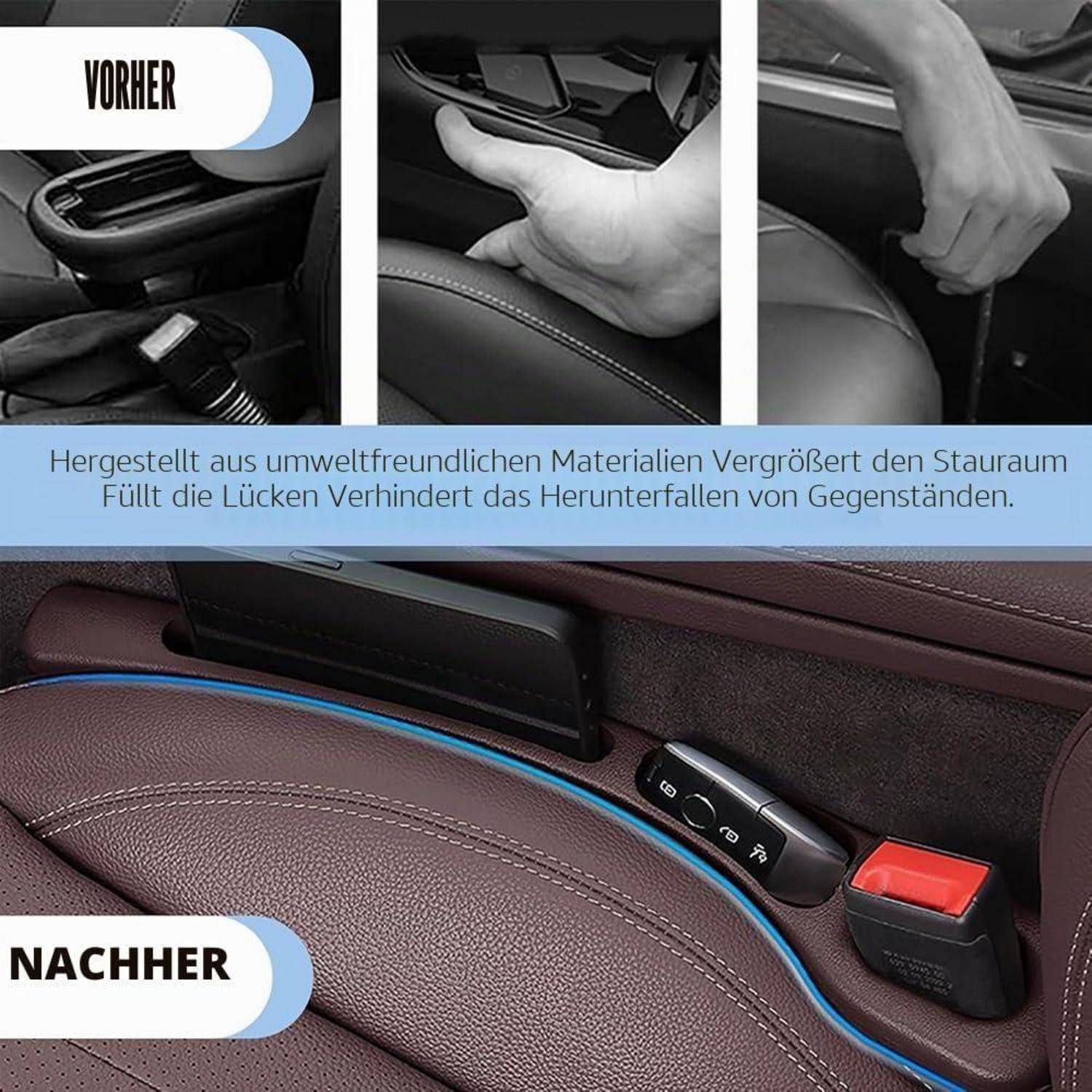 Blockierungselemente für Autositzlücken füllen den Raum neben dem Sitz und vergrößern so den Stauraum und verhindern, dass Gegenstände durchfallen.