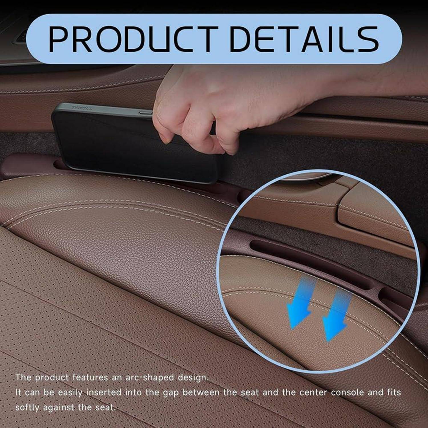 Produktdetailbild eines Autositz-Spalten-Organizers mit gewölbtem Design, das zwischen dem Sitz und der Mittelkonsole eingesetzt ist, um perfekt zu passen und zu verhindern, dass Gegenstände in den Spalt fallen.