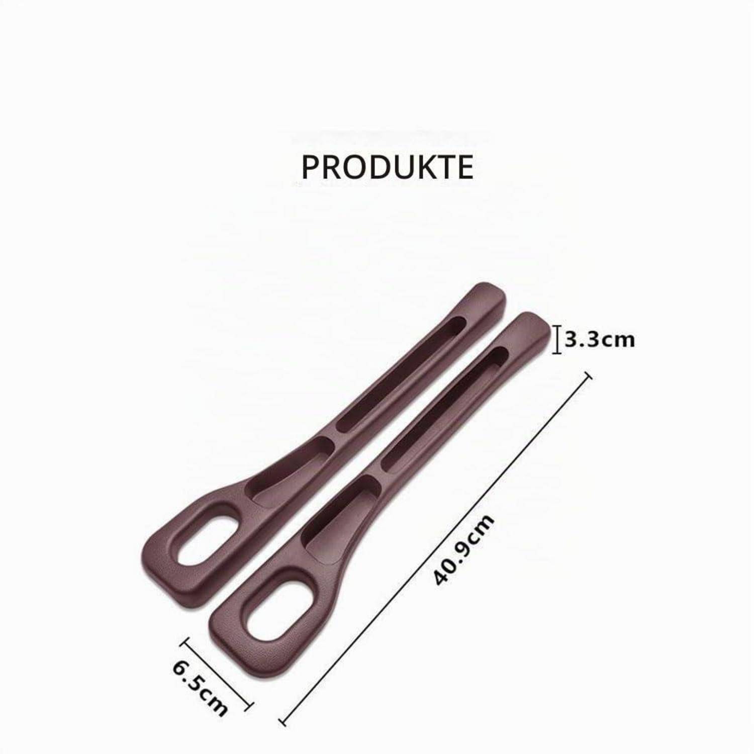 Bild von zwei braunen Kunststoff-Küchenzangen mit der Bezeichnung „PRODUKTE" und den Abmessungen 40,9 cm lang, 6,5 cm breit und 3,3 cm dick.
