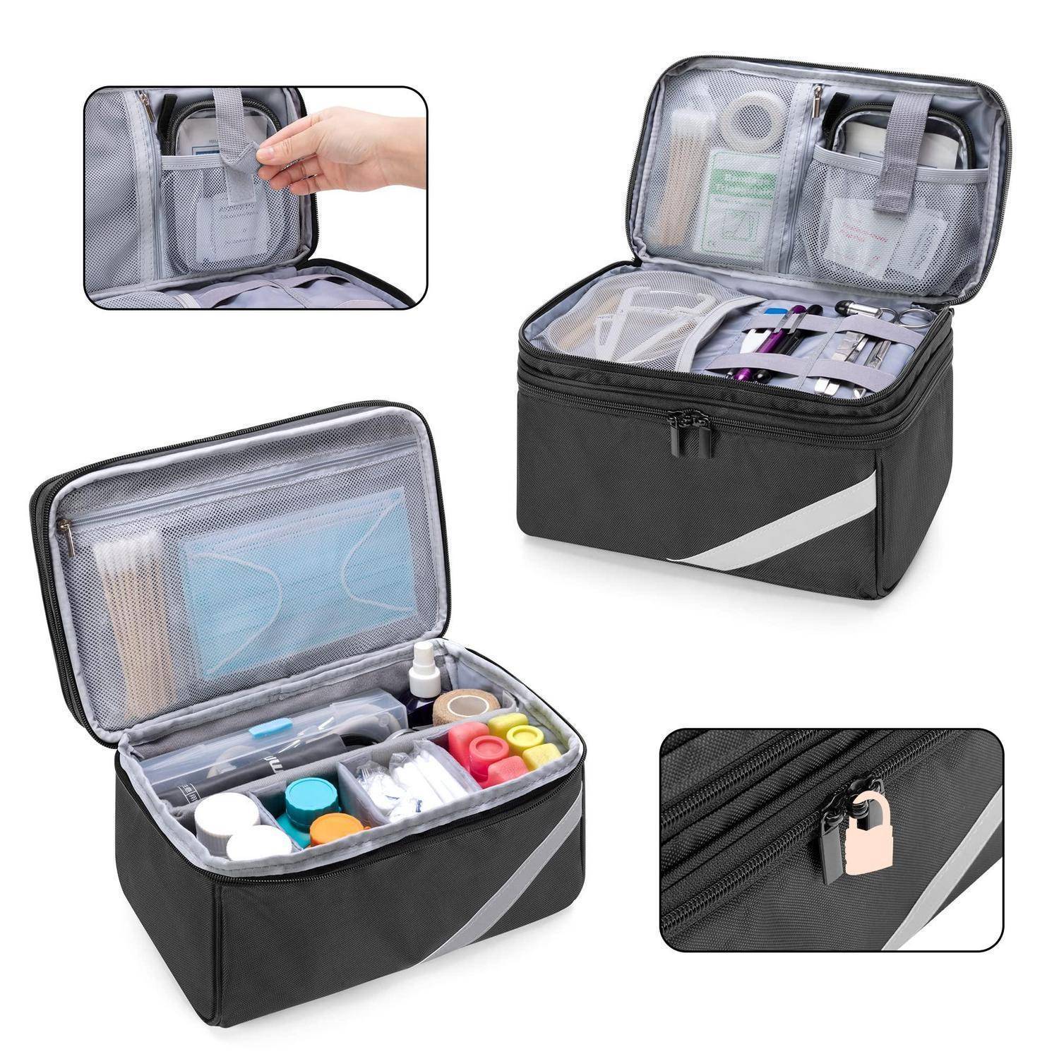 Schwarze isolierte Organizer-Tasche mit Reißverschlussfächern, geöffnet mit Toilettenartikeln und Zubehör im Inneren, sowie Nahaufnahmen einer Netztasche und einem verschließbaren Reißverschluss.