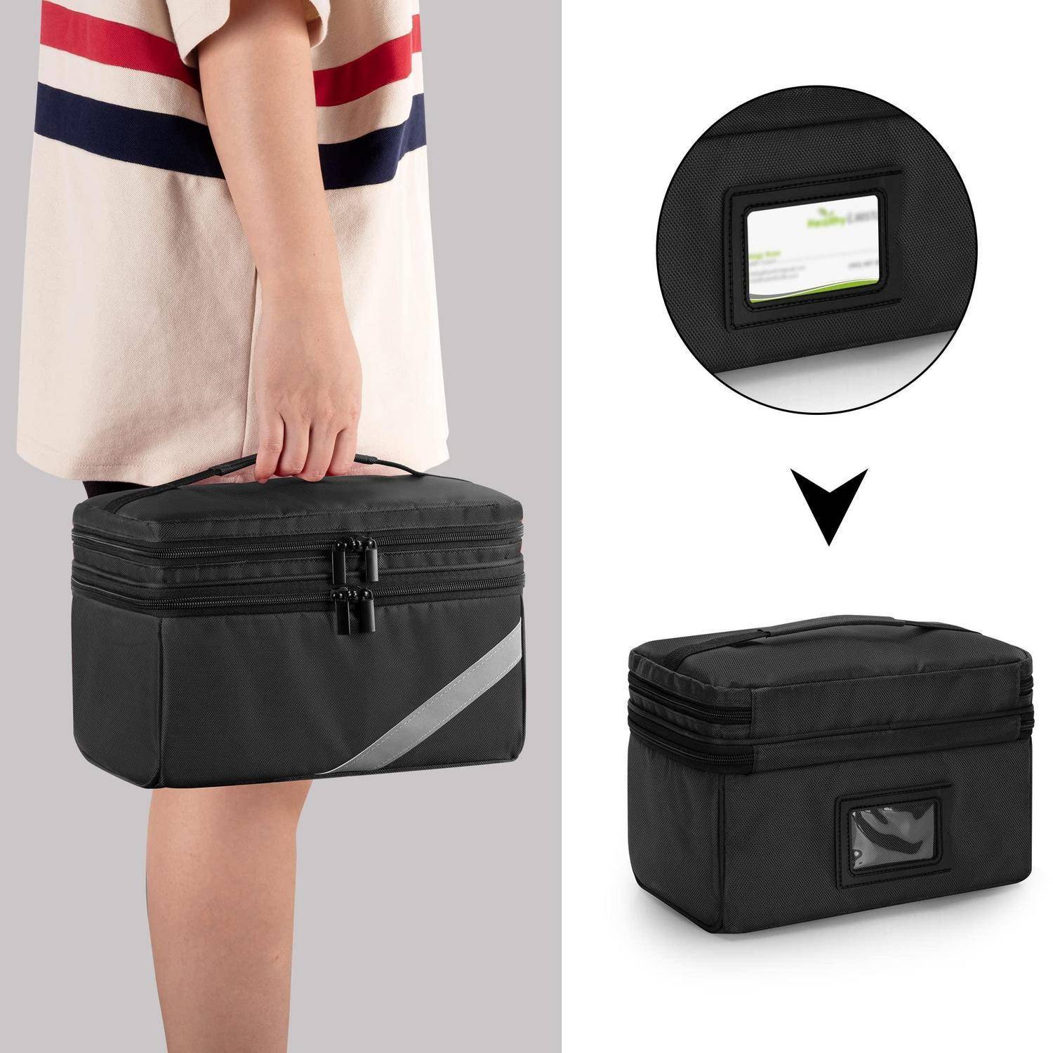 Schwarze isolierte Lunchbox/Kühltasche mit Tragegriff und transparentem Ausweisfenster, abgebildet beim Transport und in einer kleineren Detailansicht des Fensters.