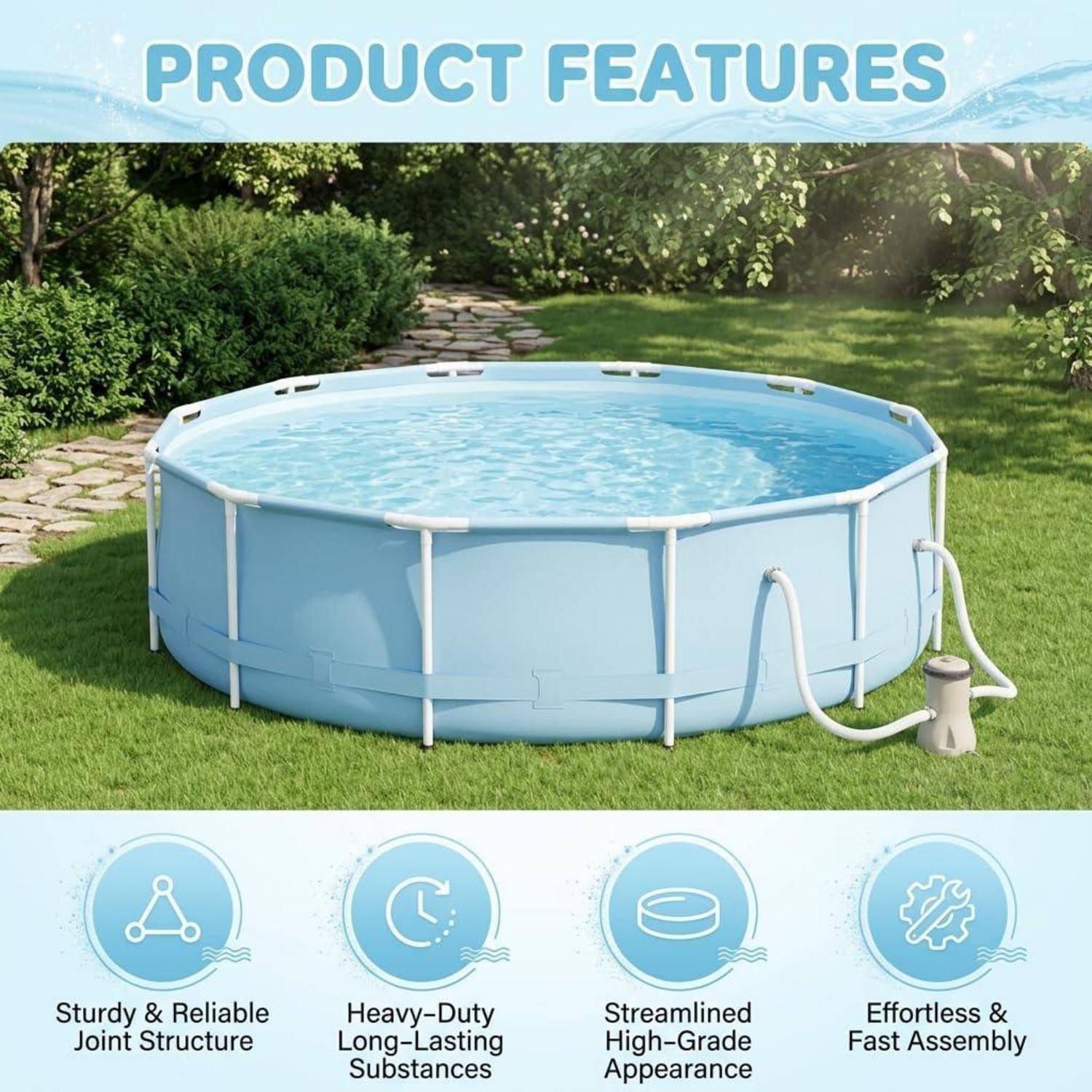 Produktmerkmale-Grafik zeigt einen runden oberirdischen Pool auf einem Rasen, mit Symbolen, die stabile Verbindungsstellen, robuste Langlebigkeit, hochwertige Materialien und schnelle Montage hervorheben.