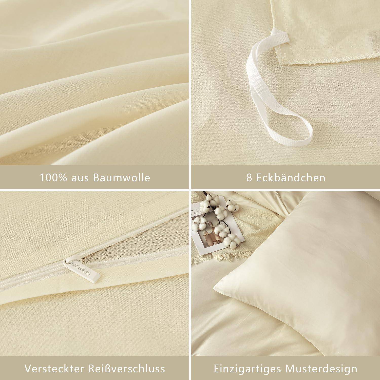 Vierteiliges Produktfoto einer cremefarben Bettwäsche-Set zeigt 100% Baumwolle, 8 Eckenband, verstecktem Reißverschluss und einzigartigem Muster-Design.