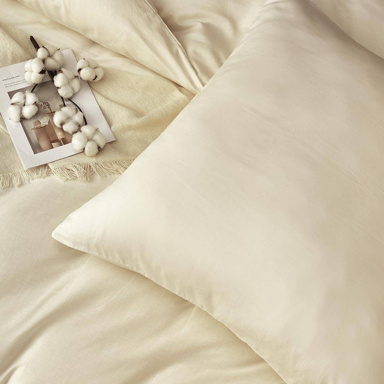 Cremefarbene Bettwäsche mit einem großen Kissen auf einem weichen Bett, daneben ein kleiner Baumwollblütenzweig, der auf einer Zeitschrift oder einem Foto ruht.