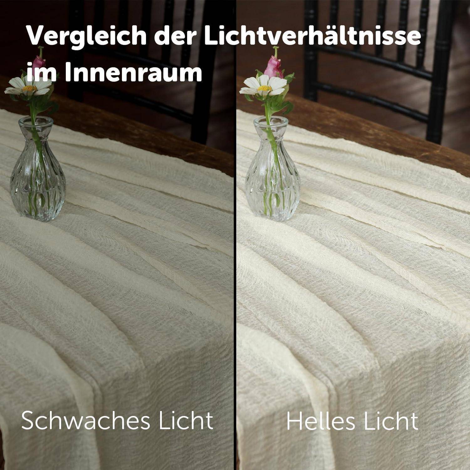 Nebeneinander-Vergleich der Innenbeleuchtungsbedingungen: „Schwaches Licht" auf der linken Seite und „Helles Licht"" auf der rechten Seite, mit einer Blumenvase auf einem Tisch.