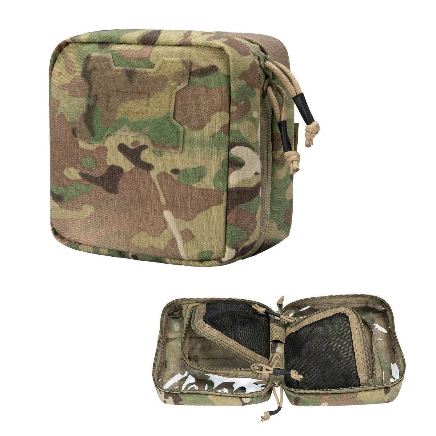 Camouflage-Reißverschlusstasche, geschlossen und offen gezeigt, mit Netztaschen und Schlaufenriemen innen.