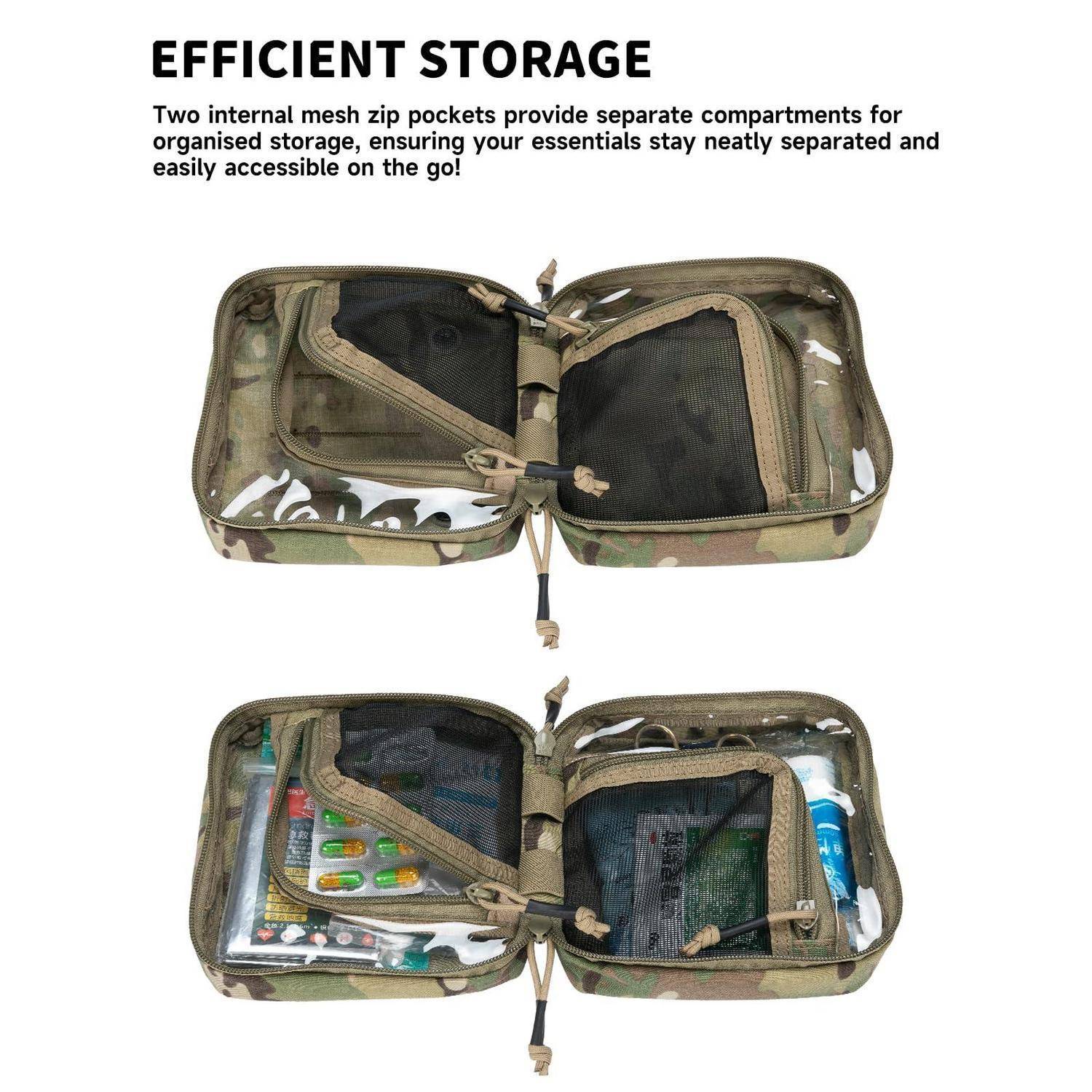 Offene Camouflage-Reißverschlusstasche mit zwei Mesh-Fächern für organisierte Aufbewahrung; das untere Beispiel zeigt gepackte Toilettenartikel und kleine Gegenstände.