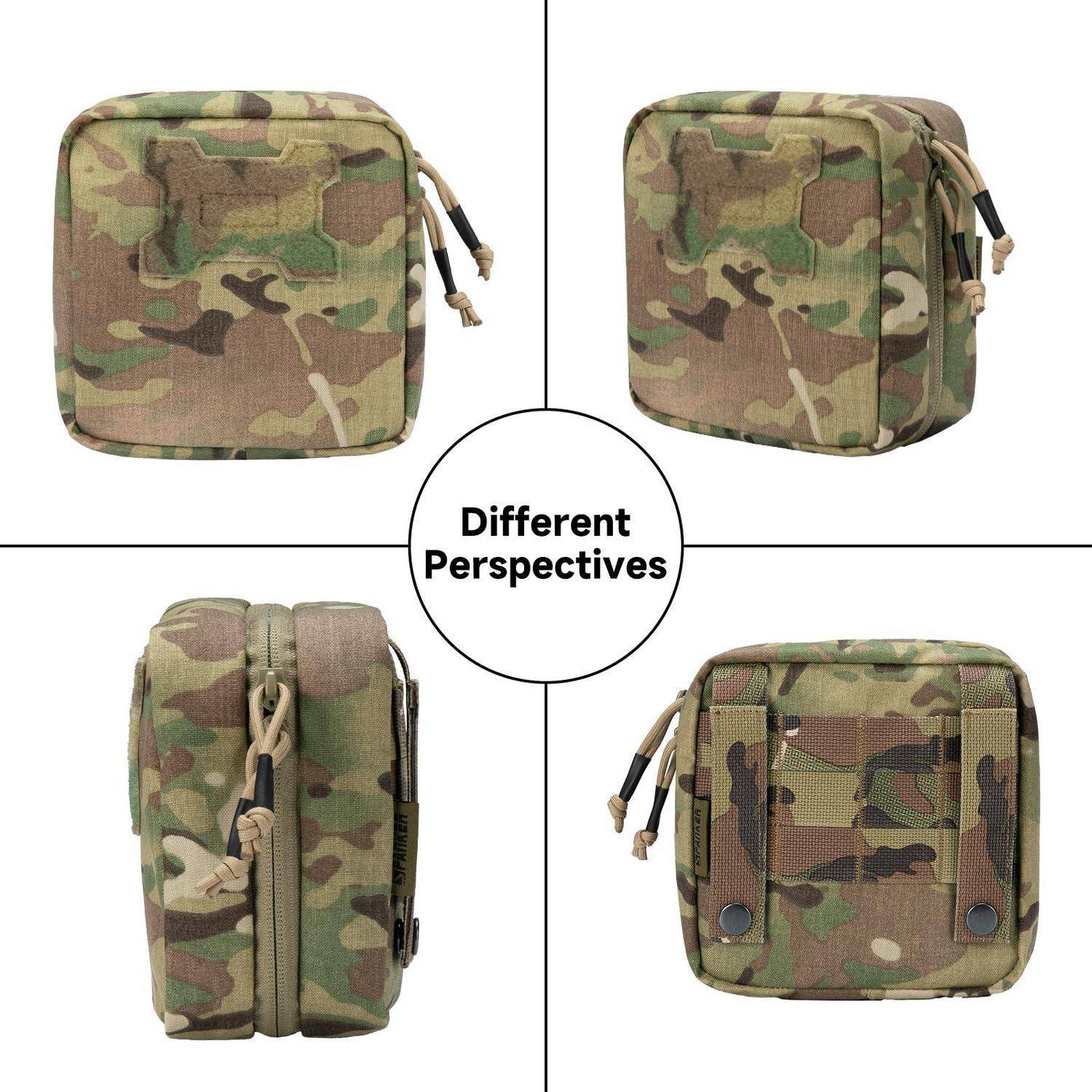 Collage mit einem Camouflage-Reißverschlussbeutel aus vier Blickwinkeln mit zentralem Text „Unterschiedliche Perspektiven".