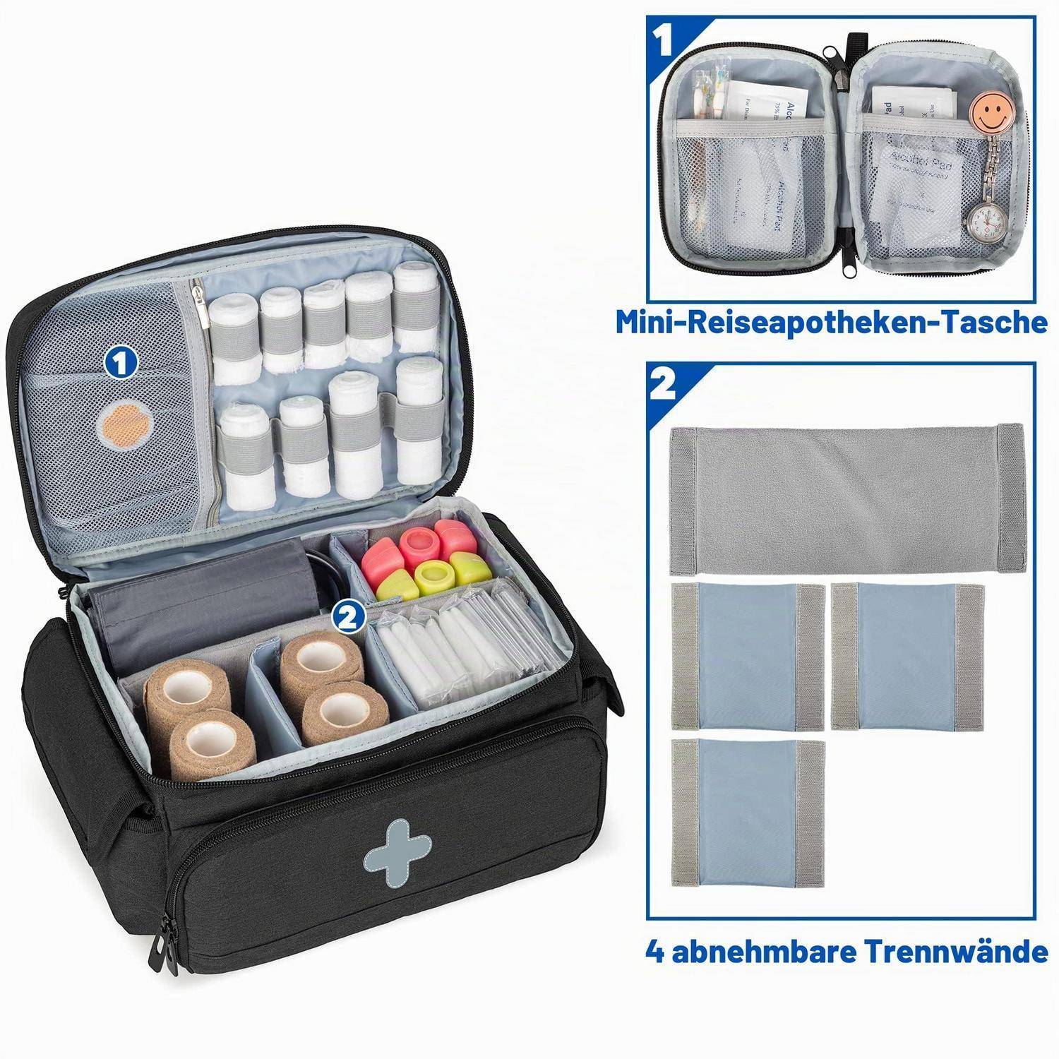 Schwarze medizinische Organizer-Tasche mit offenen Fächern, Pillendosen, Verbandsmaterial und abnehmbaren Trennwänden; Inset zeigt Mini-Reiseapotheken-Koffer und 4 abnehmbare Trennwände.