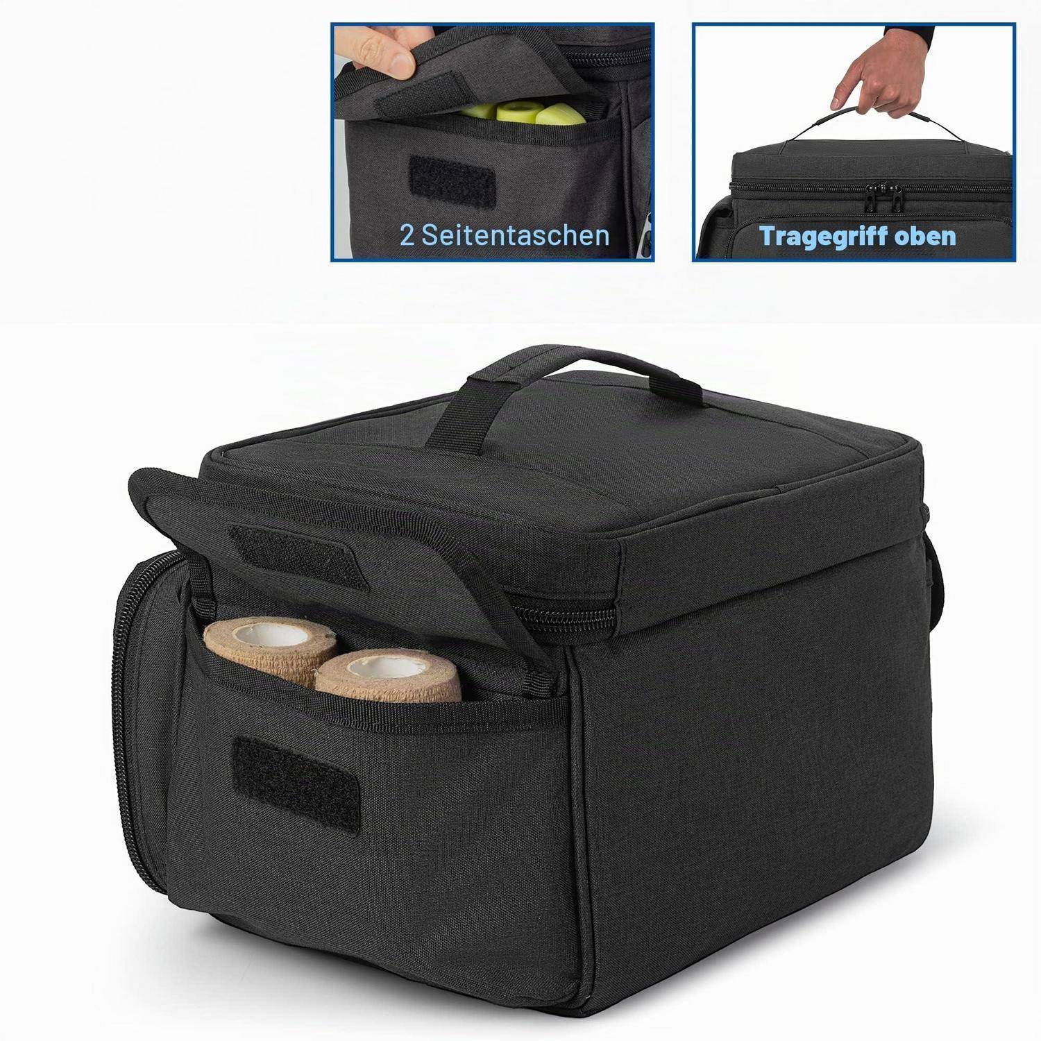 Schwarze isolierte Tasche mit Griff oben, vordere Tasche mit Klebebolleu und zwei Seitentaschen in Detailansichten gezeigt.