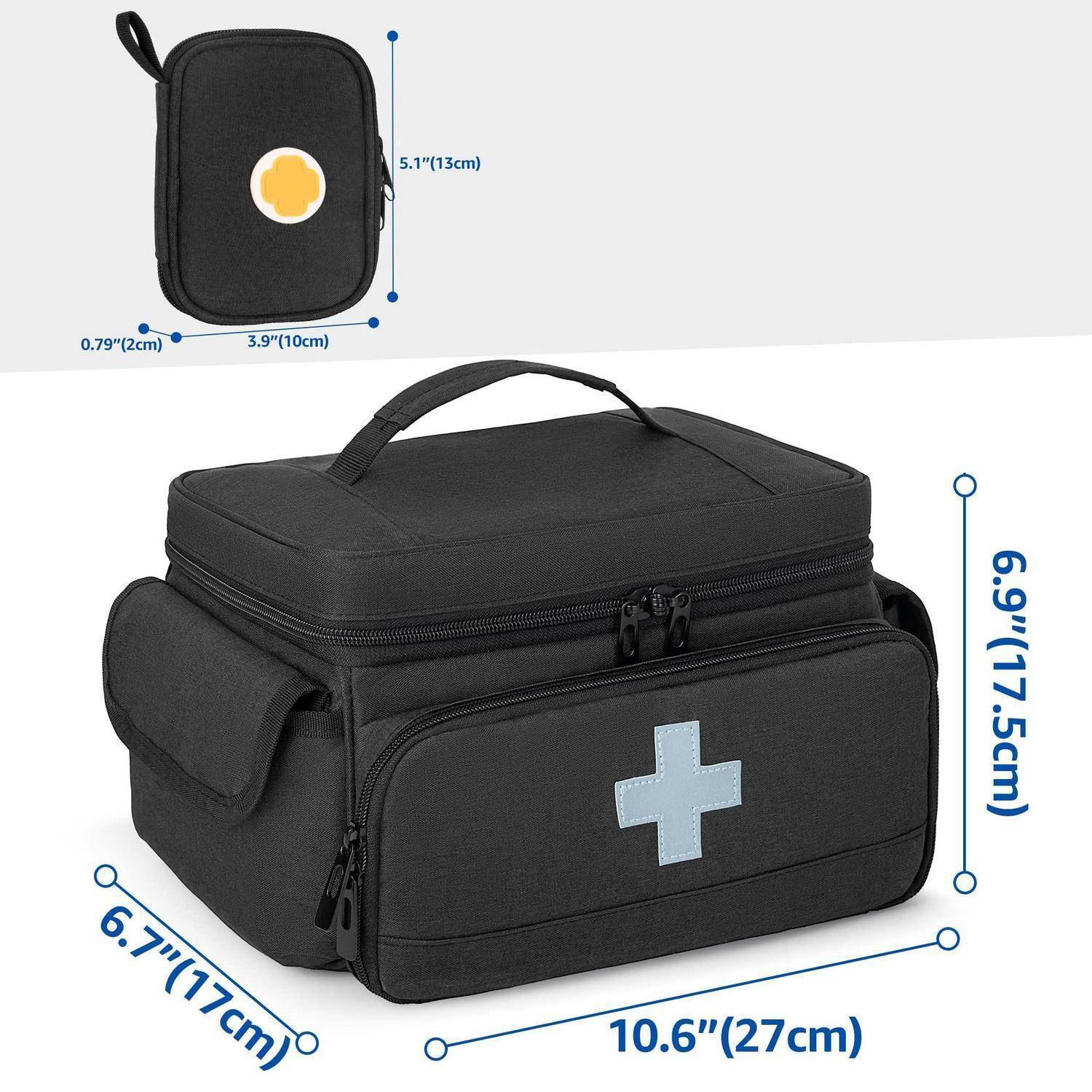 Schwarze Erste-Hilfe-Tasche mit Griff, Seitentaschen und weißem Kreuz; Abmessungen angegeben als 10,6 x 6,9 x 6,7 Zoll, plus eine kleine Tasche 5,1 x 3,9 x 0,79 Zoll.