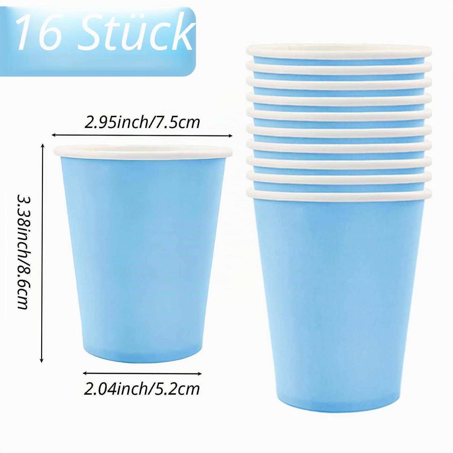 Produktbild von 16 hellblauen Einwegbechern; ein Becher mit Abmessungen von 3,38 Zoll mal 2,95 Zoll und ein Stapel von Bechern daneben abgebildet.
