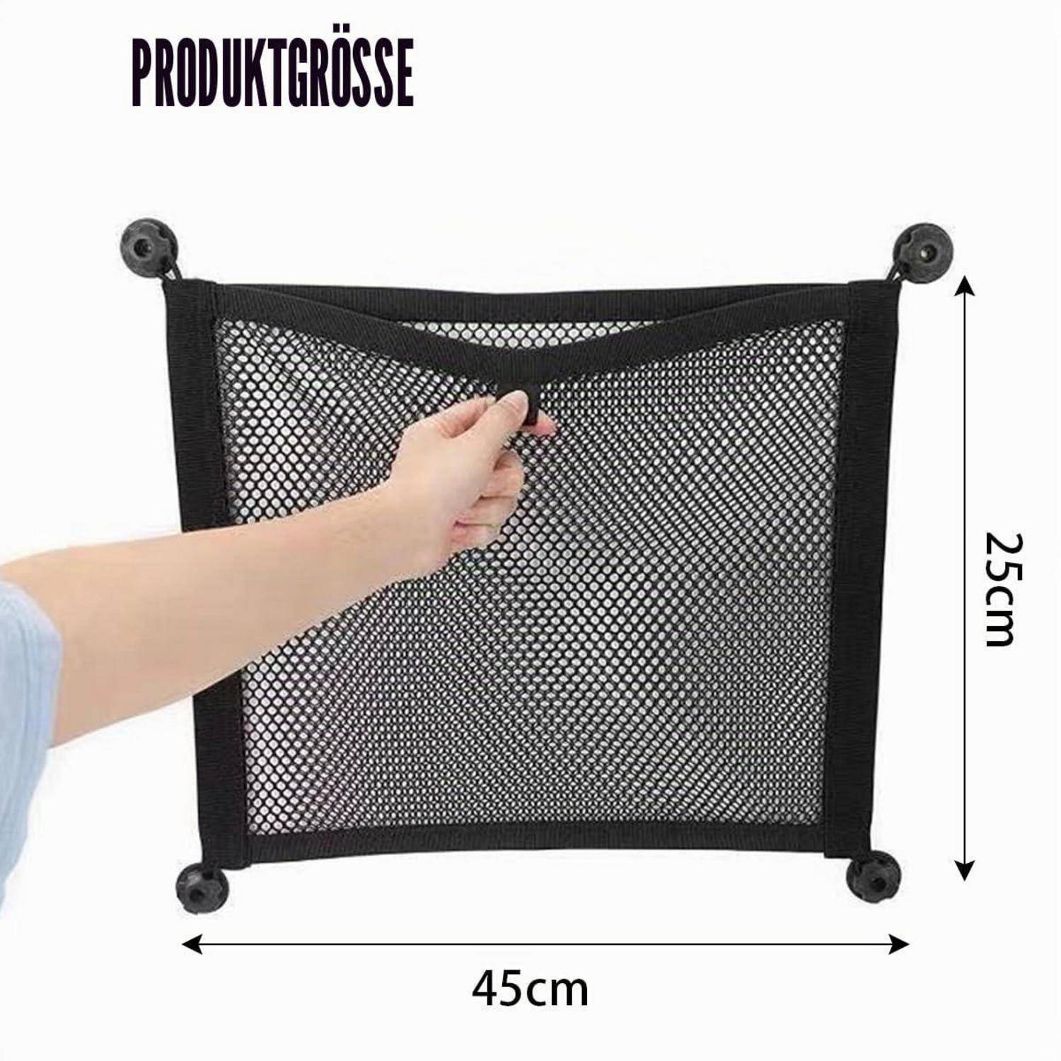 Schwarzes Netzaufbewahrungsnetz mit Saugnäpfen, gekennzeichnet mit „PRODUKTGRÖSSE", mit einer Breite von 45 cm und einer Höhe von 25 cm.