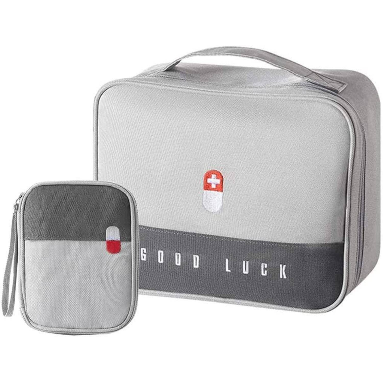 Graue isolierte Lunchbox und passende kleine Tasche, beide mit der Aufschrift „GOOD LUCK