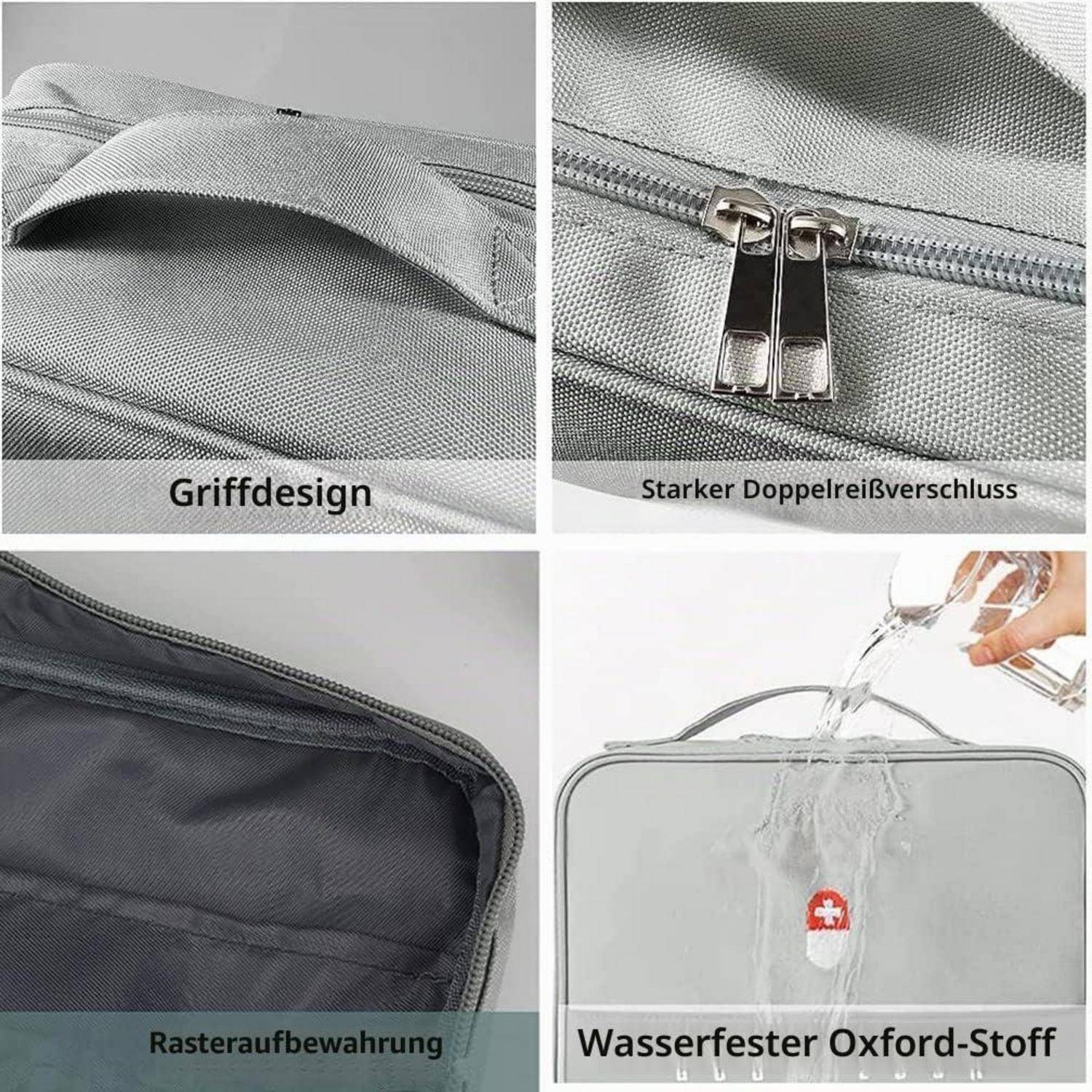 Vierteiliges Bild einer grauen Tasche mit Tragegriff, Doppelreißverschluss, innerer Aufbewahrungstasche und wasserdichtem Oxford-Stoff, über den Wasser gegossen wird.