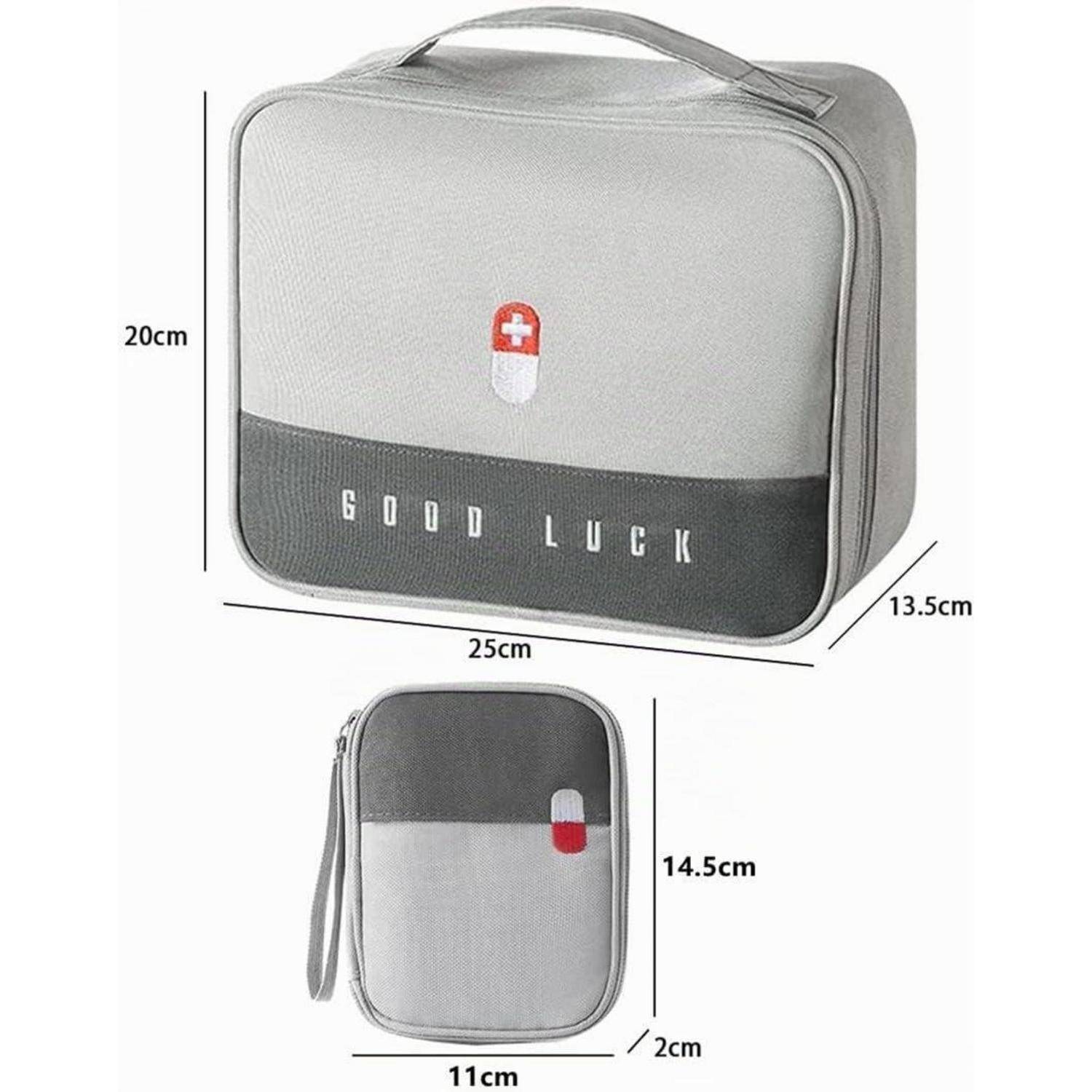 Graue Lunchbox/Tasche in zwei Ansichten mit den Abmessungen: 25 x 20 x 13,5 cm und 11 x 14,5 x 2 cm, mit der Aufschrift „GOOD LUCK".