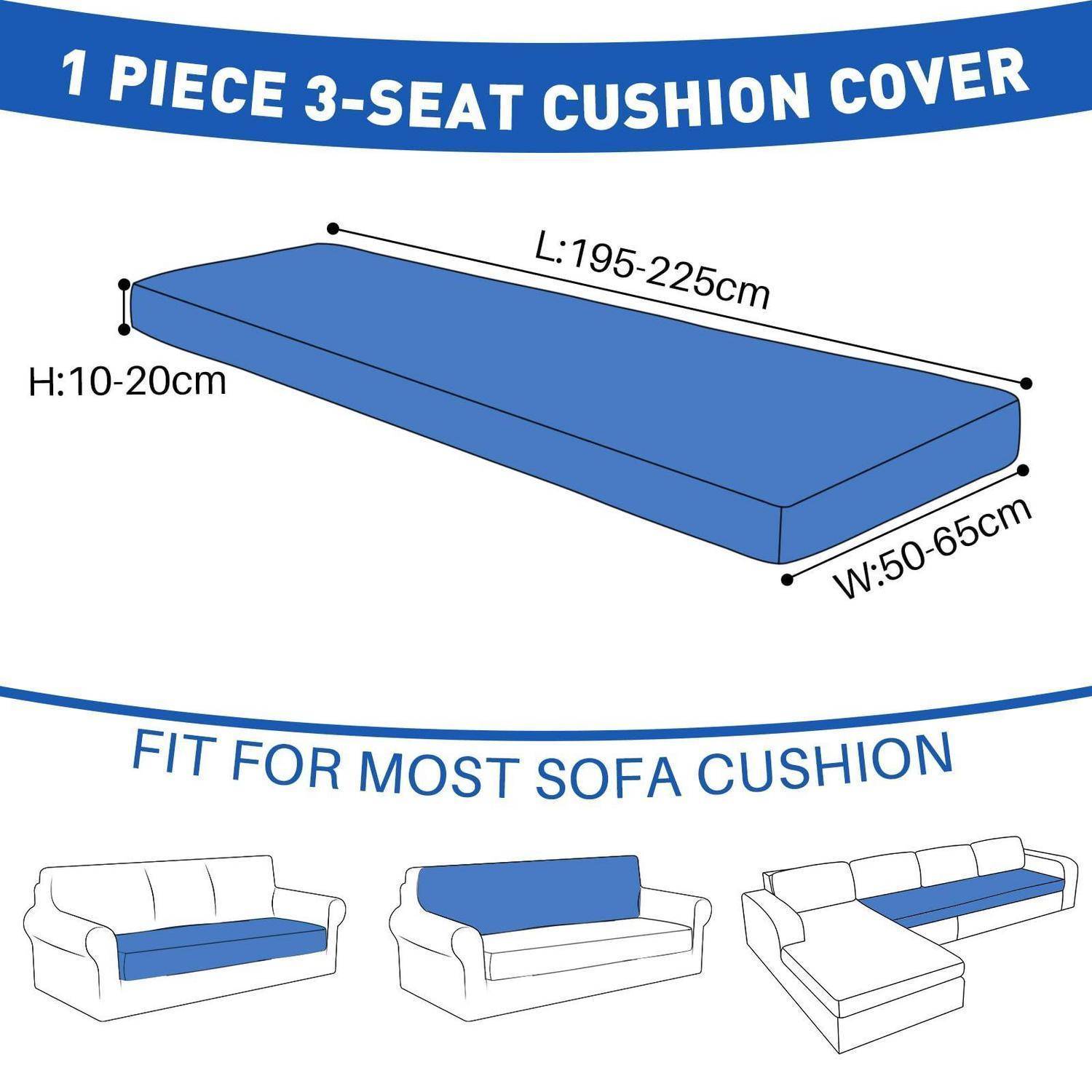 Diagramm einer blauen 1-teiligen 3-Sitz-Kissenhülle, passend für Sofas mit Länge 195-225 cm, Breite 50-65 cm und Höhe 10-20 cm, dargestellt auf drei Sofastilen.