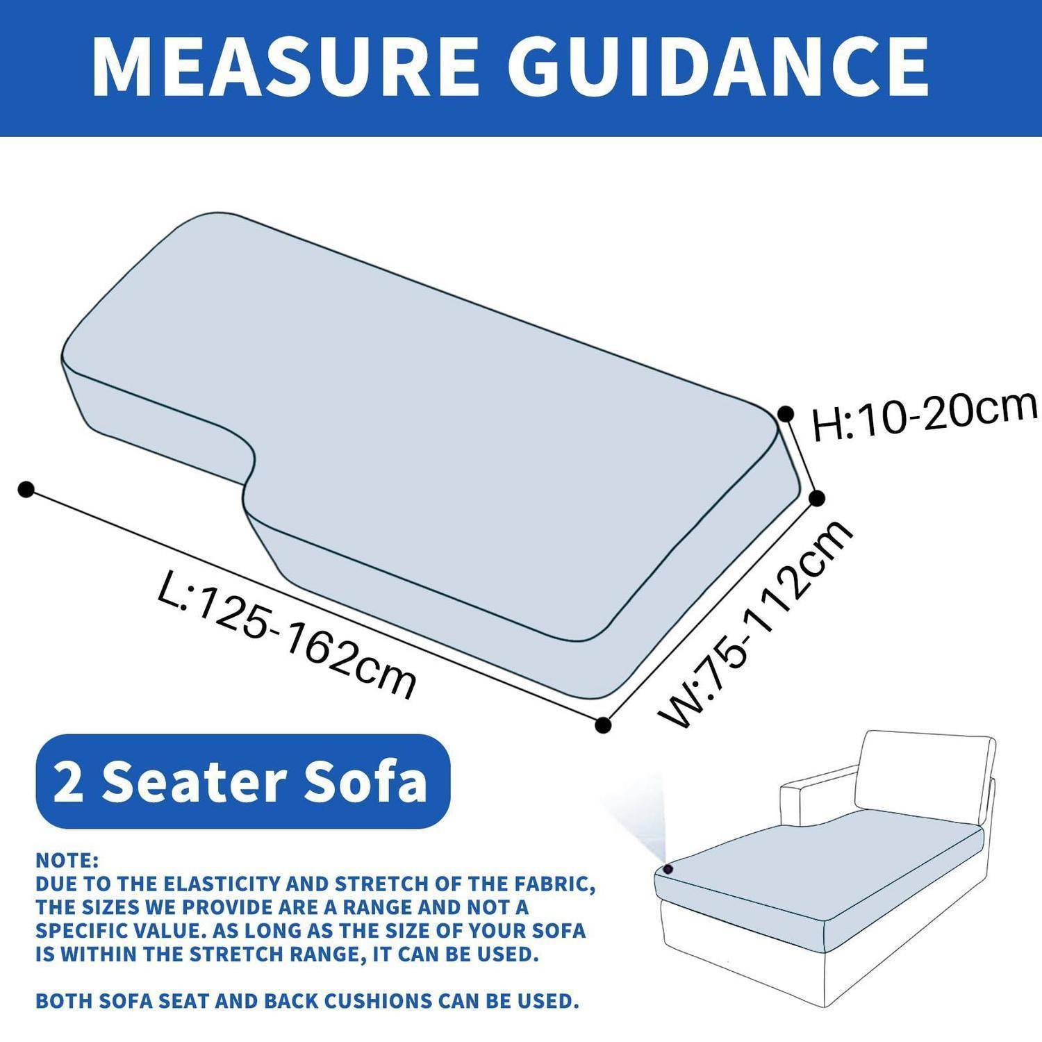 Messleitfaden für einen Sofabezug für 2-Sitzer: Länge 125-162 cm, Breite 75-112 cm, Höhe 10-20 cm; Sitz- und Rückenkissen können verwendet werden.