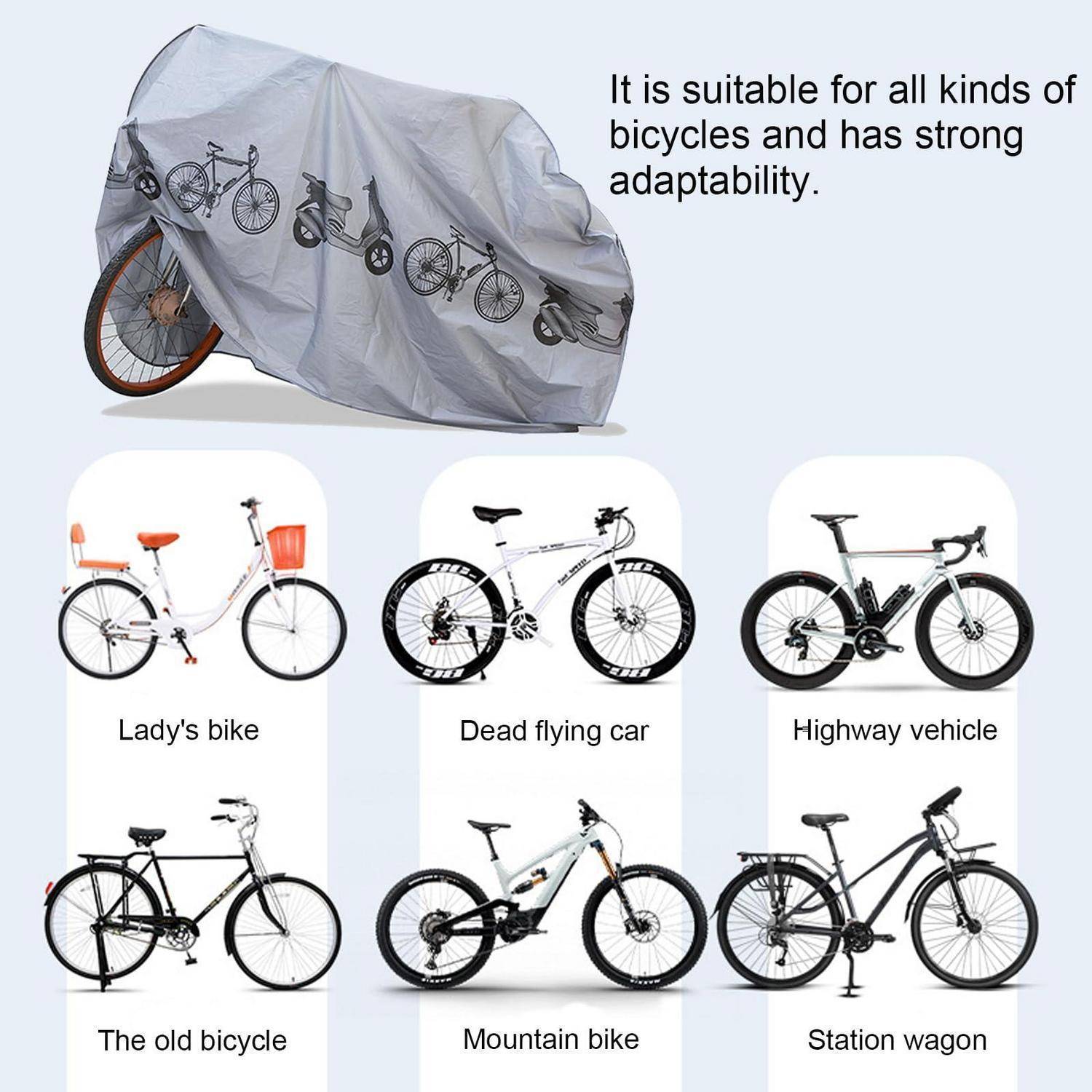 Fahrradabdeckung, die zu vielen Fahrradtypen passt; Der Text besagt, dass sie für alle Arten von Fahrrädern geeignet ist und eine starke Anpassungsfähigkeit hat, mit Beispielen für Damen-, Berg-, Rennrad- und Lastenfahrräder.