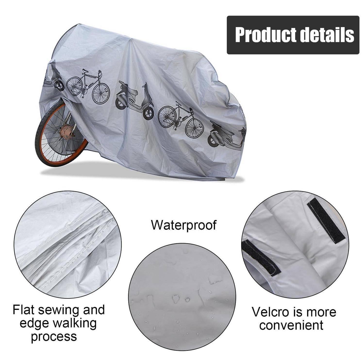 Wasserdichte Fahrradabdeckung über einem Fahrrad dargestellt, mit "Produktdetails"" die flache Nähte, Kantenstepp und Klettverschlüsse hervorheben.