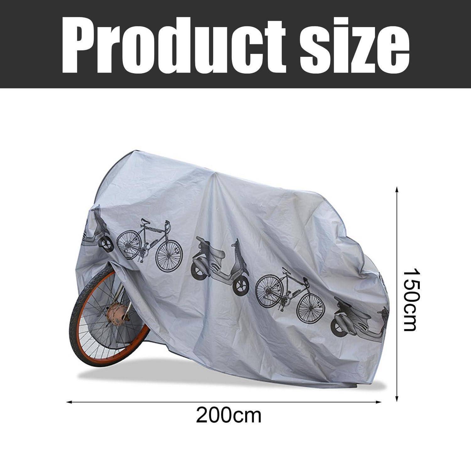 Produktgrößen-Diagramm, das eine Fahrradabdeckung zeigt, die auf ein Fahrrad passt, mit einer Länge von 200 cm und einer Höhe von 150 cm.