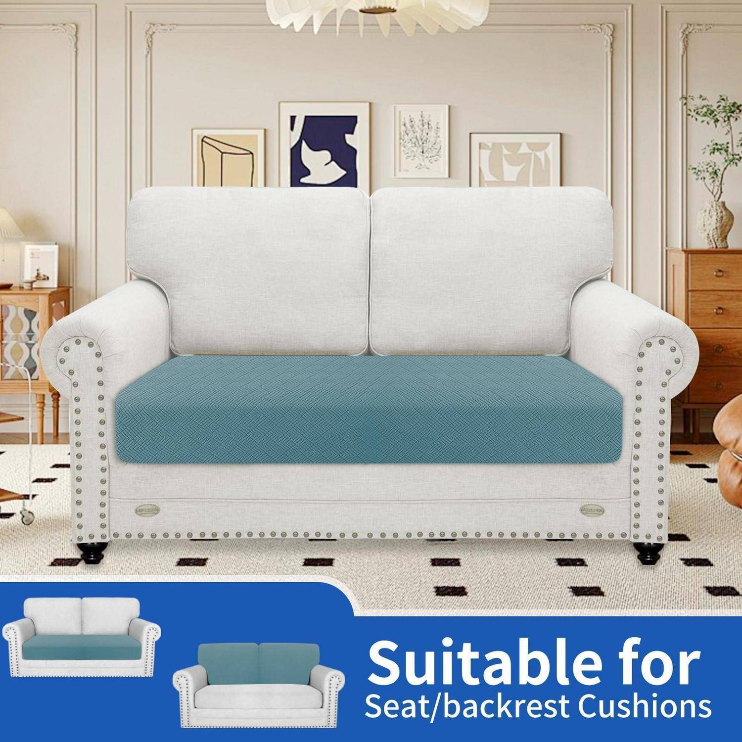 Weißes Zweisitzer-Sofa mit blauem Sitzkissen in einem Wohnzimmer; unteres Banner zeigt zwei Sofaansichten und den Text „Geeignet für Sitz-/Rückenlehnen-Kissen".
