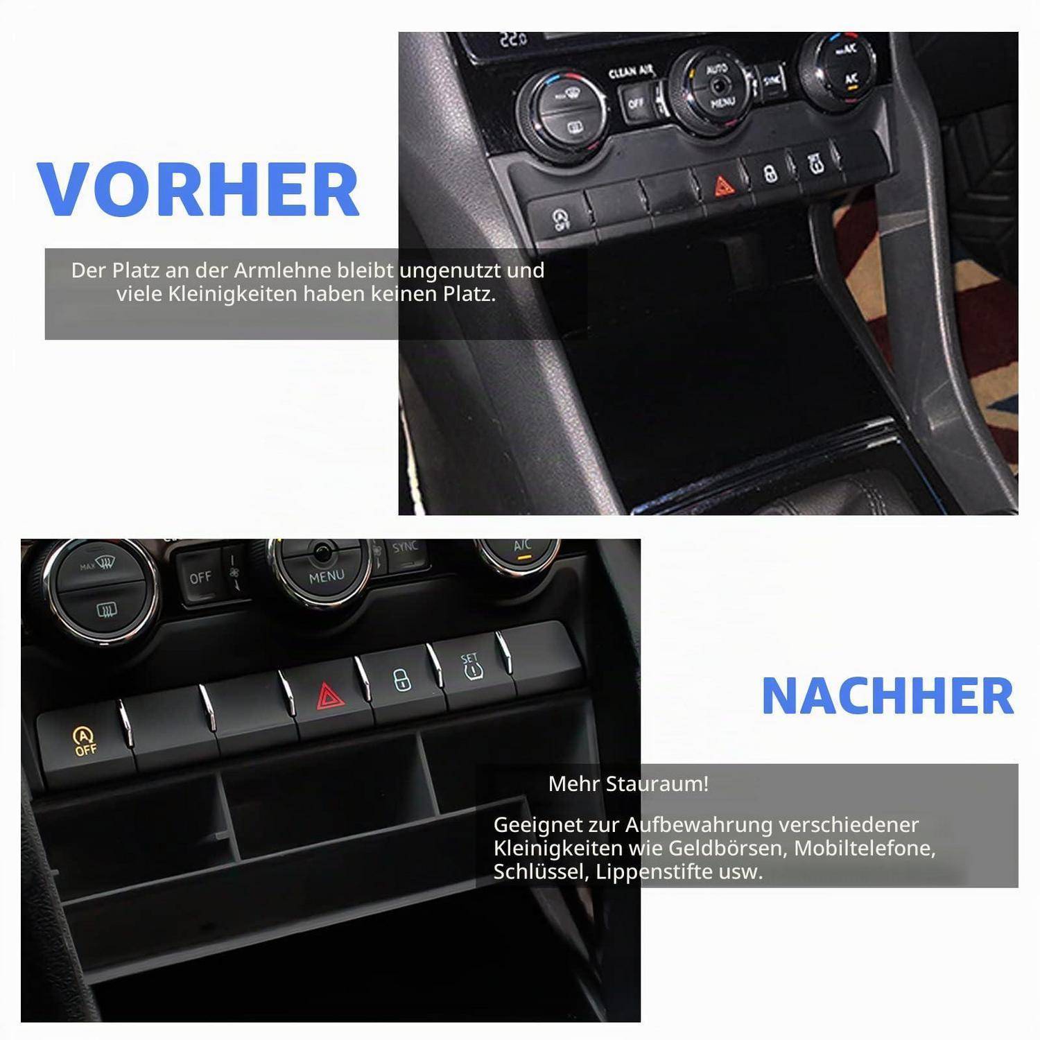 Organizer für die Mittelkonsole des Autos vor und nach Gebrauch: Der ungenutzter Platz auf der Armlehne wird zum Stauraum für kleine Gegenstände wie Geldbeutel, Telefon und Schlüssel.
