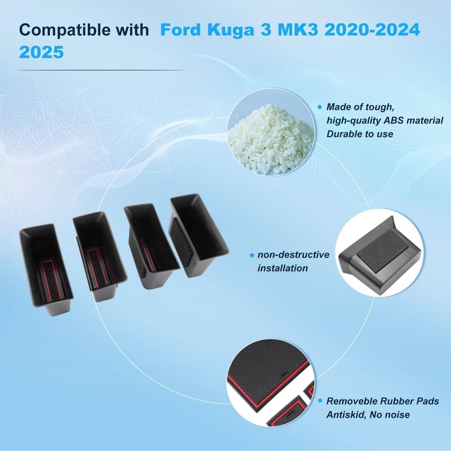 Produktanzeige mit vier schwarzen ABS-Getränkehalter-Einsätzen, kompatibel mit Ford Kuga 3 MK3 2020-2025, mit Hervorhebung der zerstörungsfreien Installation und abnehmbaren rutschfesten Gummiauflagen.