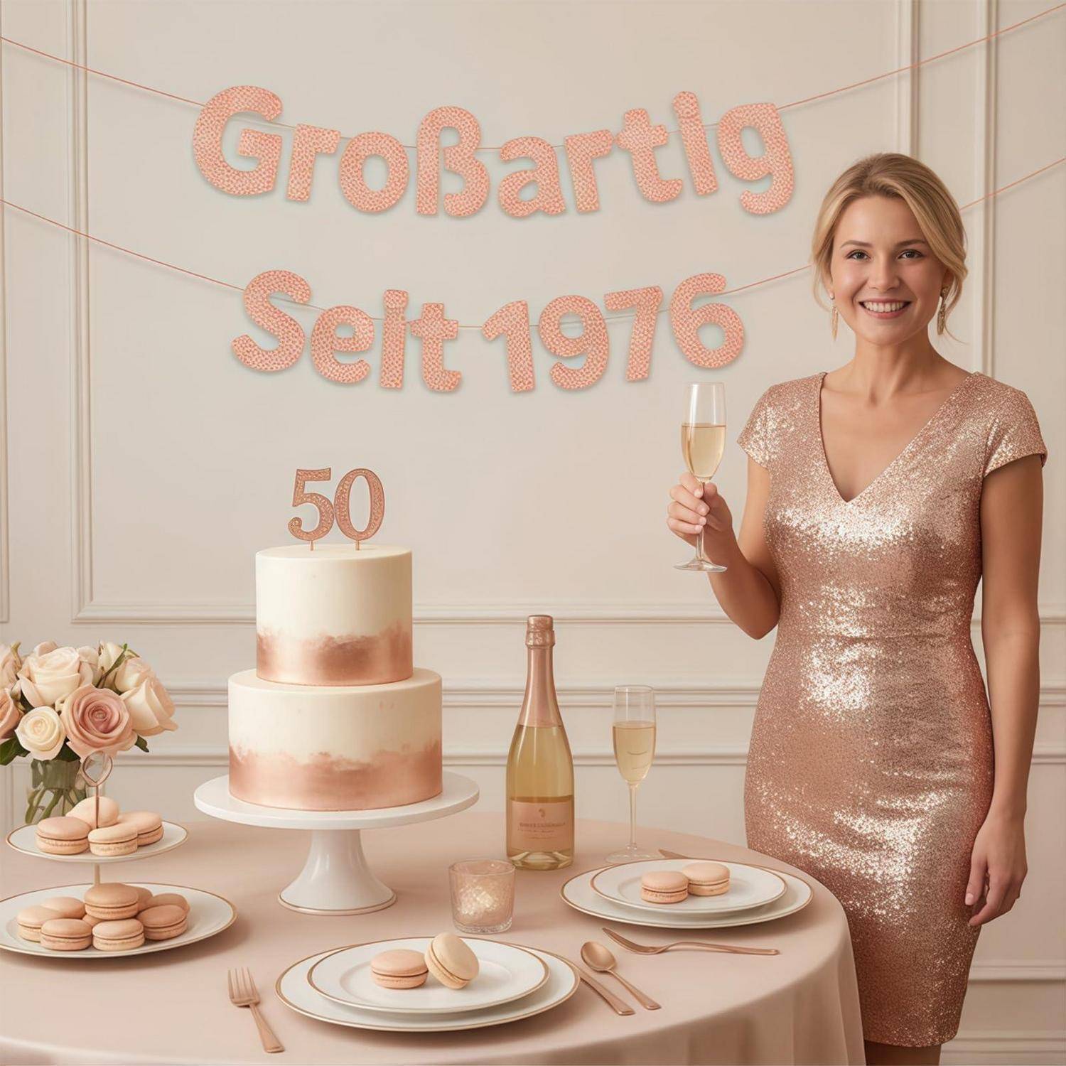 Frau in einem rosé-goldfarbenem Kleid, die bei einer Geburtstagsfeier zum 50. Geburtstag mit einer zweistöckigen Torte, Makronen, Champagner und deutschem Text „Großartig Seit 1976