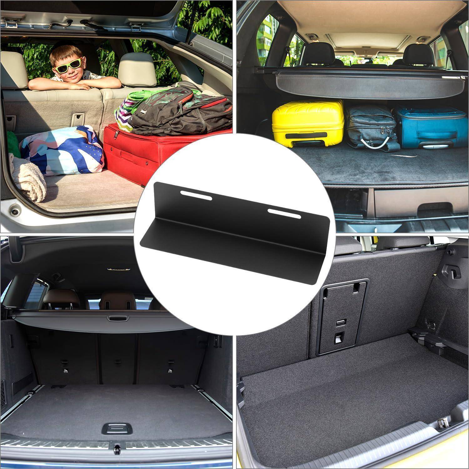 Collage mit einem schwarzen Auto-Ladegitter/Organizer für Gepäckfächer im SUV-Kofferraum, mit Gepäck und einem Kind, das zeigt, wie es separate Lagerflächen schafft.